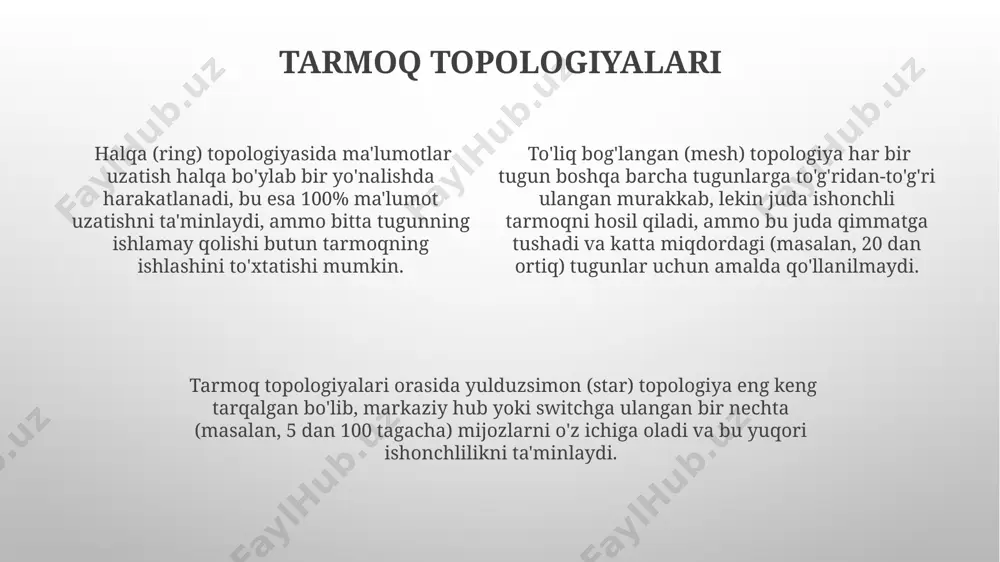 dan yuqori tezlikdagi ulanishlarni qo'llab-quvvatlash imkoniyati ko'rsatilishi kerak. tarmoqning fizik infratuzilmasi, ya'ni kabellar (masalan, simsiz, optik tolali va mis kabellar) turi va ularning uzunligi, shuningdek, 100 dan ortiq qurilmalarni ulash uchun kerak bo'ladigan switchdir soni hujjatlarda aniq ko'rsatilishi lozim. xavfsizlik siyosati, jumladan, parol murakkabligi talablari, 2 omilli autentifikatsiya va xavfsizlik devori konfiguratsiyasi kabi muhim parametrlar batafsil tavsiflanishi va kamida 5 ta xavfsizlik choralari ko'rsatilishi zarur. kabel turlari va ulanishlar коаксиал кабеллар, masalan rg-59 va rg-6, телевидение ва видеосигналларни узатиш учун ишлатилади, уларнинг импеданси 75 ом бўлади ва узатиш сифатига таъсир этади. кабеллар турларидан cat5e ва cat6 стандартлари 100 мбит/с ва 1 гбит/с тезликдаги маълумот узатишни таъминлайди, узунлиги 100 метрдан ошмаслиги керак. оптик толали кабеллар (fiber optic) юқори тезликдаги маълумот узатиш учун ишлатилади ва 10 гбит/с ва ундан юқори тезликни таъминлайди, уларнинг узунлиги километрларга етиши мумкин. tarmoq diagnostikasi tarmoqdagi bandlikni tahlil qilishda, masalan, 80% dan yuqori foizli bandlik tarmoq tıkanıklığını ko'rsatadi …