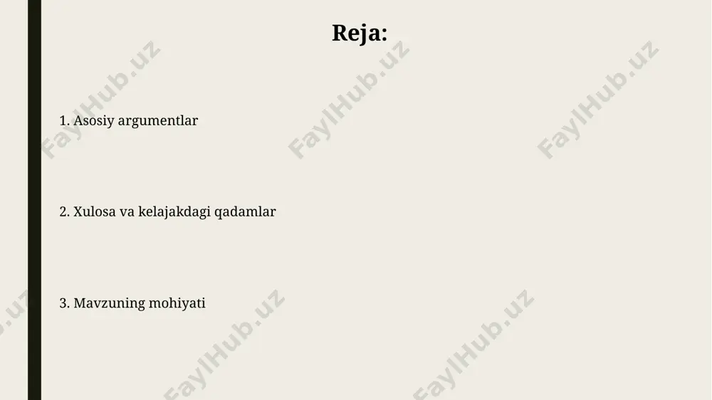 il swot (strengths, weaknesses, opportunities, threats) kabi vositalar orqali amalga oshiriladi. baholash natijalar asosida keyingi qadamlarni rejalashtirish uchun ishlatiladi. baholash 0 dan 10 gacha boʻlgan shkala boʻyicha sifatni yoki miqdorni aniqlash uchun mezonlarga asoslanadi. tahlil esa, bu mezonlar qanday qoʻllanilganini ko'rsatadi. nazariy asoslar ushbu asoslar o'rganilayotgan hodisaning mohiyatini tushunishga imkon beradi, tadqiqot savollarini shakllantirishda va 7 asosiy metodologiyani tanlashda muhim rol o'ynaydi. nazariy asoslar ilmiy tadqiqotning fundamental printsip va qoidalarini o'z ichiga oladi, bu esa tadqiqotchiga 100% ishonch bilan xulosalar chiqarishga yordam beradi. muammoning dolzarbligi muammoning dolzarbligi global iqlim o'zgarishi sababli suv resurslarining kamayishi, qurg'oqchilik va suv tanqisligi xavfini oshirayotganida yaqqol namoyon bo'ladi. iqtisodiy nuqtai nazardan, muammoning dolzarbligi qishloq xo'jaligi mahsuldorligining pasayishi va oziq-ovqat xavfsizligining buzilishida, ayniqsa kam ta'minlangan hududlarda seziladi. metodologiya metodologiya 5 asosiy elementni o'z ichiga oladi: tadqiqot dizayni, namunaviy tanlash, ma'lumot yig'ish usullari, tahlil usullari va xulosalar chiqarish jarayoni. metodologiya tadqiqot natijalarining ishonchliligi va validligini ta'minlash uchun …