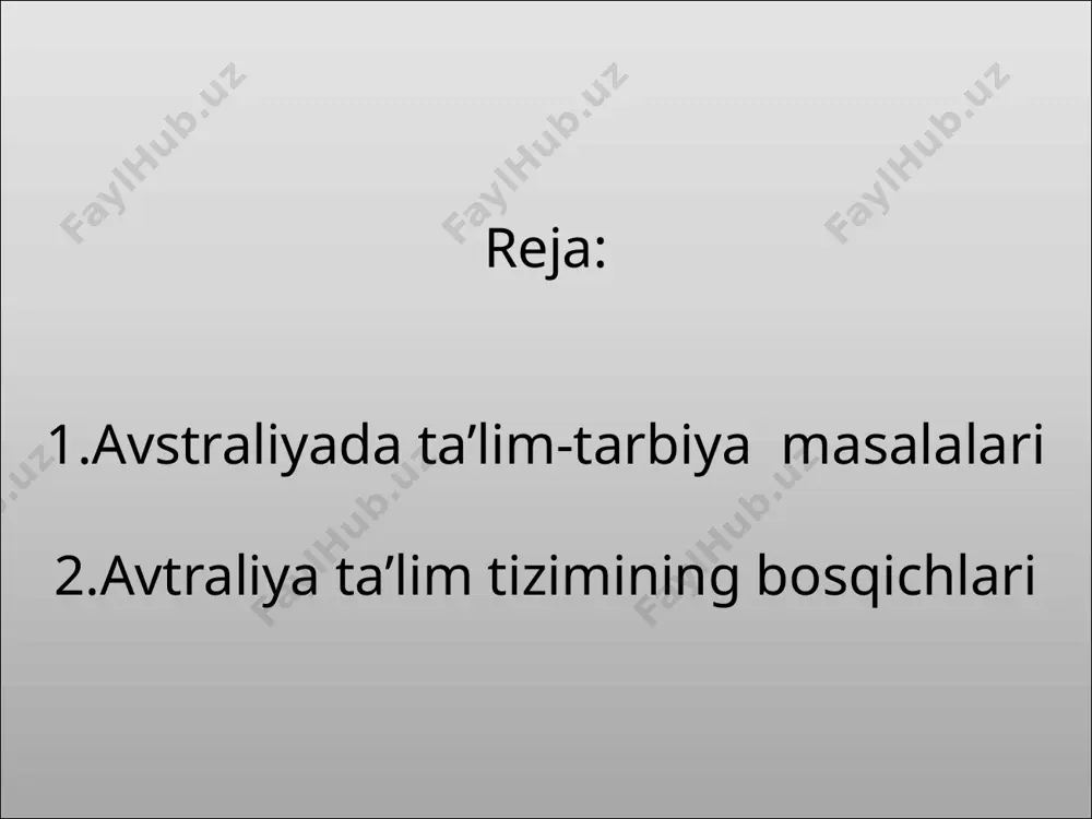 avstraliya dollariga tushadi. ko’pchilik avstraliyalik maktab o’quvchilari maktab formasida yurishadi. maktablarda umumiy forma mavjud emas har qaysi maktab o’z qoidasini o’rnatadi. (faqat forma masalasida) ba’zi maktablarda forma talab ham etilmaydi. 10 sinfdan keyn bolalar maktabdan ketishlari mumkin. ammo statistika malumotlariga qaraganda 75% o’quvchilar o’qishni davom ettiradi. katoilik va xususuy maktablar. ko’pchilik katoilik maktablari katoilik ta’lim departamenti tomonidan boshqariladi. xususiy maktablarda ta’lim maxsus metodlarda olib boriladi ‘’montessor pedagogikasi’’ shu metodda olib boriladi. shtatlar va hududlar qoidasiga binoan muddatidan oldin ham maktabga topshirish mumkin. bundan tashqari o’quvchilar bazi bir fanlarni hattoki butun o’quv yilidan sakrashi mumkin agar uning bilimi shunga loyiq bo’lsa. oliy ta’lim avstraliyalik o’quvchilar oily talimda o’qimoqchi bo’lsalar universitetlarga yoki tafe kollejiga topshirishadi. oliy talim 3 ga bolinadi oliy ta’lim bachelar degree --- tayanch punktli oily talim (bazaviy oily talim) higher education ---- to’liq oily talim master degre ---- aspirantura oily talim muassasalari avstraliyaning barcha qonun- qoida, talablariga javob bera …