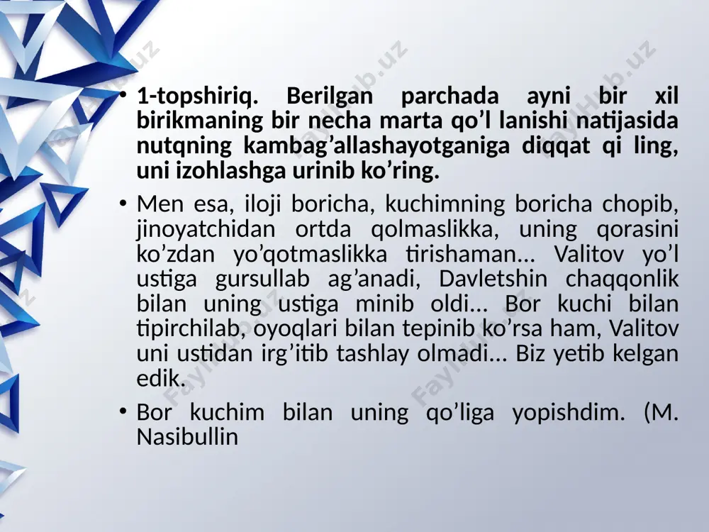 zamiridagi o’ta og’ir, o’ta zalvarli yukni dastlab to’la his etmagan, guldor kigiz ustida bamisoli baqadek tosh qotib o’tirgan, hayratdan tosh qotgan itolmasning behad quturishini va uning g’azabkor bo’kirishidan tog’lar boshi ko’chib, olam ostin-ustun bo’lib ketishini kutgan. biroq u kutgan hol yuz berma di – itolmas quturmadi. u biror muddatdan so’ng xayolini jamlab, jilovlab, avvaliga nimtabassum qildi, so’ng kuldi. (n. norqobilov) yaxshiboyev hozir o’zi gaplashgan yigitning qiyofasini ko’z oldiga keltirdi: yoshi qirqda, lekin, nari borsa, o’ttizlik ko’rinishi bor: qomatdor, xipcha, sochlari orqaga taralgan, silliq taralib, ustidan lok sepilgan; to’qrang kostyumi sutday oppoq ko’ylakda, misoli tanburning toriday tarang; yuzida tavoze, ammo jilmaygani sezilmaydi. necha yildirki, yaxshiboyev uning yuzini ko’rib, «odam degan qanaqasiga jilmaymasdan ham tavoze qilishi mumkin», deya bosh qotiradi. birinchi yordamchi esa buning tamoman aksi: dehqonsifat; semiribroq ketgan; yoshi ham biror ellikni qoralagan; gaplari keskin va bejog’siz. (murod muhammad do’st) 63-mashq. matnni o’qing. nutq tuzuvchining qanday gap shakllaridan foydalanganini aniqlang, bu …