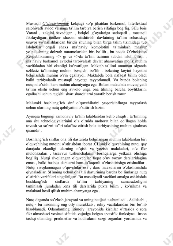 i maktab o’quvchilariga manaviy komolot ona tili orqali mujassamlashadi .ona tili , shu jumladan, o’qish nutq o’stirish talim –tarbiyajarayonidagi eng muhim vositalardandir. o’quvchining og’zaki va yozma nutqini me’yorlashda , ularning mutanosibligini ta’minlashda , milliy tilning tabiati vao’ziga xos xususiyatini belgilashda , ifoda va talafuz qonunyatlarini aks etirishda ohangdorlik , ya’ni qiroat bilan amaliy ahamyatini o’tirish , adabiy til meyori va mezonlariga rioya qilish ,o’qish ,o’qish metodlarini takomillashtirish yo’llarini izlash eng qulaylarini amalyotga tadbiq qilish zarur . adabiy til tushunchasi keng qamrovlidir va ko’p qirali hodisadir . adabiy til taraqiyoti barqarorligini ta’minlashda bolalarning yoshlikdan nutq madanyatlarini tarkib toptirish va tarbiyalash lozim. til qonunyatlarining ta’limda tadbiqi munosabati bilan bolalarni o’qishga o’rgatishga o’rgatishdagi ussullarini to’g’ri qo’llashi (ko’rgazmalilik , tarqatib berilgan qog’ozlar bilan ishlash yo’lllarini bilish ) usullarini takomillashtiradi. o’quvchilarning bilish faoliyatlarning o’ziga xos taraqqiy etishini hisobga olish ,ayniqsa ularning ruhiy , fiziologik xususiyatlari bog’liq bo’lgan ishlarga yetarli aham yat berish lozim .ularga nisbatan …