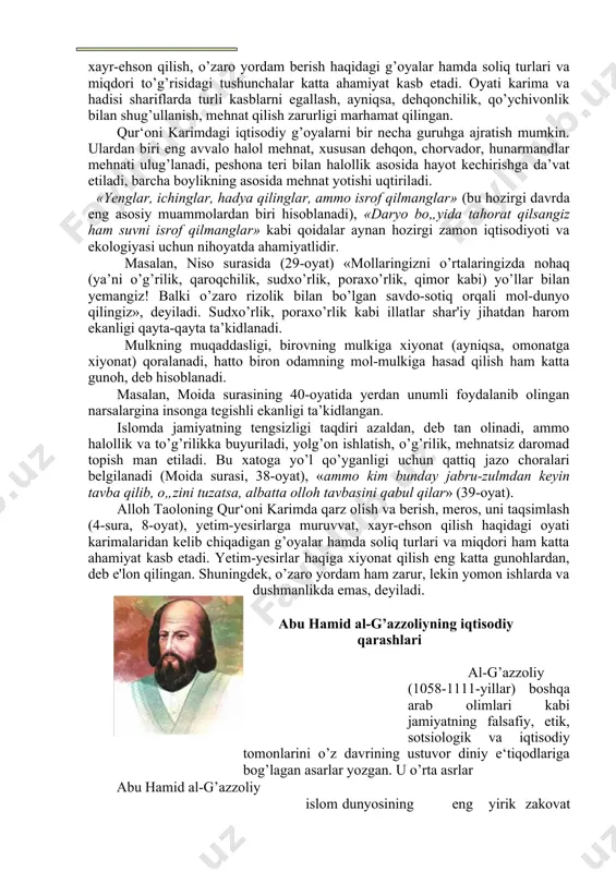tilgan qarzdor yana qaytib sudxo’rga murojaat qilishga majbur bo’lgan. xammurapi qonunlarida yollanma munosabatlarni tartibga solishga katta e‘tibor berilgan. uning juda ko’p turdagi shakllari ko’rib chiqilgan bo’lib, hatto yollanma mehnat uchun to’lov miqdori ham aniq qilib ko’rsatib berilgan. asosiy maqsad ishlab chiqarishni, birinchi navbatda, qishloq xo’jaligini rivojlantirishni qo’llab-quvvatlash, mehnatsiz daromad topishga qarshi kurashish bo’lgan. umuman, xususiy mulkchilik, shu jumladan, yerga bo’lgan xususiy mulkchilik tan olingan. birovning xususiy mulkiga ko’z olaytirgan, unga zarar yetkazganlar iqtisodiy jihatdan jazolangan. shunday qilib, eski bobil podsholigi qonunlarida davlat tartiblashining va aholi iqtisodiy faoliyatini nazorat qilishning turli shakllari ko’zda tutilgan. ular real iqtisodiy jarayonlarga, tovar-pul munosabatlarining rivojlanishiga, fuqarolar mulkini himoya qilishga o’zining ijobiy ta’sirini ko’rsatdi. shu bilan birga bu qonunlar osiyodagi boshqa mamlakatlarda iqtisodiy fikrlarning rivojlanishida katta rol o’ynadi. 2. arab mamlakatlaridagi iqtisodiy g’oyalar o’rta asrga (feodalizm) kelib iqtisodiy hodisa va jarayonlarni ancha to’g’ri aks ettirgan iqtisodiy g’oya va nazariyalar shakllandi va rivojlandi. ular o’sha davrdagi ijtimoiy, …