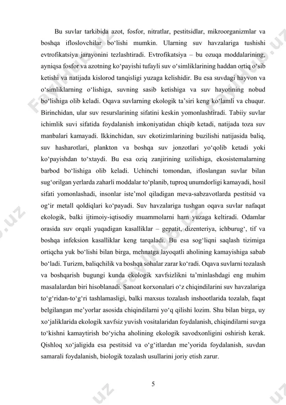 tilishi muhim ahamiyatga ega. masalan, ba’zi yirik shaharlarda oqava suvlar tozalanib, yashil hududlarni sug‘orishda, texnik ehtiyojlarda qayta foydalaniladi. bu nafaqat ekologik muvozanatni saqlashga, balki suv resurslaridan tejamli foydalanishga ham xizmat qiladi. oqava suvlarning ekologiyaga ta’siri nafaqat suv resurslari bilan cheklanmaydi, balki havoning ifloslanishi, tuproqning degradatsiyasi, iqlim o‘zgarishlari va hatto genetik o‘zgarishlarga ham sabab bo‘lishi mumkin. ayniqsa, sanoat oqava suvlari tarkibida uchraydigan zaharli moddalar ekologik muhitda uzoq saqlanib qoladi va o‘zgarishga uchramay, uzoq vaqt davomida o‘simliklar, hayvonlar va odamlar hayotiga ta’sir ko‘rsatadi. bu holat bioakumulyatsiya deb ataladi, ya’ni zaharli moddalar tirik organizmlarda to‘planib boradi. masalan, simob moddasi suvdagi mayda organizmlarda to‘planib, baliqlarga o‘tadi, baliqlardan esa inson tanasiga kiradi. bu moddalar markaziy asab tizimi, yurak-qon tomir tizimi, jigar va buyraklarga jiddiy zarar yetkazadi. bundan tashqari, oqava suvlar bilan tuproqqa tushadigan og‘ir metallar, neft mahsulotlari va boshqa zaharli birikmalar tuproqdagi mikroorganizmlarning faoliyatini susaytiradi. bu esa tuproqning tabiiy unumdorligini pasaytiradi, biologik faol tuproq qatlamining …