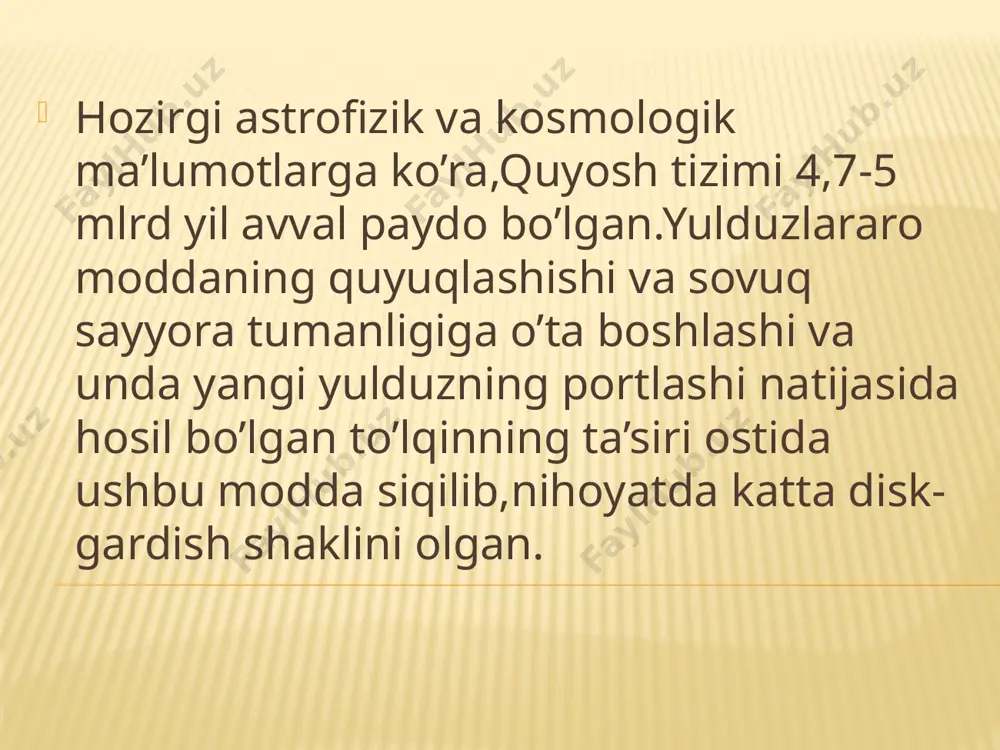 an tezlikdan iborat. hozirgi vaqtdagi asosiy vazifa koinot tarkibidagi moddalarni aniqlash, yoshini aniqlash va evolyutsiya mexanizmini aniqlash hisoblanadi. koinot evolyutsiyasi. koinotni evolyutsiyasini dastlab hozirgacha mavjud bo’lgan tekshirishlar natijasi bo’yicha tushuntirish mumkin. ya‘ni, hozirgacha mavjud bo’lgan tushunchalar bilan sodir bo’layotgan voqeyliklarni taqqoslash kerak. koinot haqidagi tushunchalarni kengaytiradigan voqeylik bundan 15 milliard yil ilgari sodir bo’lgan ulkan koinot portlashi hisoblanadi. ana shu paytda harorat 103 grad/sm3 bo’lgan. koinotning keyingi o’zgarishi juda ham sekin borgan, ya‘ni, nurga nisbatan moddalar miqdori kam bo’lgan, ya‘ni jism yoki modda juda kam bo’lgan. ana shu kam miqdordagi zarralardan atomlar, molekulalar, kristallar, diffuzion materiya, yulduzlar, yulduzlar tizimi, galaktika va galaktika tudalari paydo bo’lgan. koinotni nimadan hosil bo’lganligini hozirgi zamon fanida quyidagicha tushuntiradi. · olimlarning fikricha materiyaning tortish kuchiga ega bo’lgan bo’shliq ma‘lum sharoitda moddalar bo’lakchalarini yuzaga keltirishi mumkin. · koinot bo’shlig’ini kuchi o ga teng bo’lsada, tenglik ma‘lum darajada buziladi, natijada moddalar hosil bo’ladi va darrov parchalanib ketadi, …