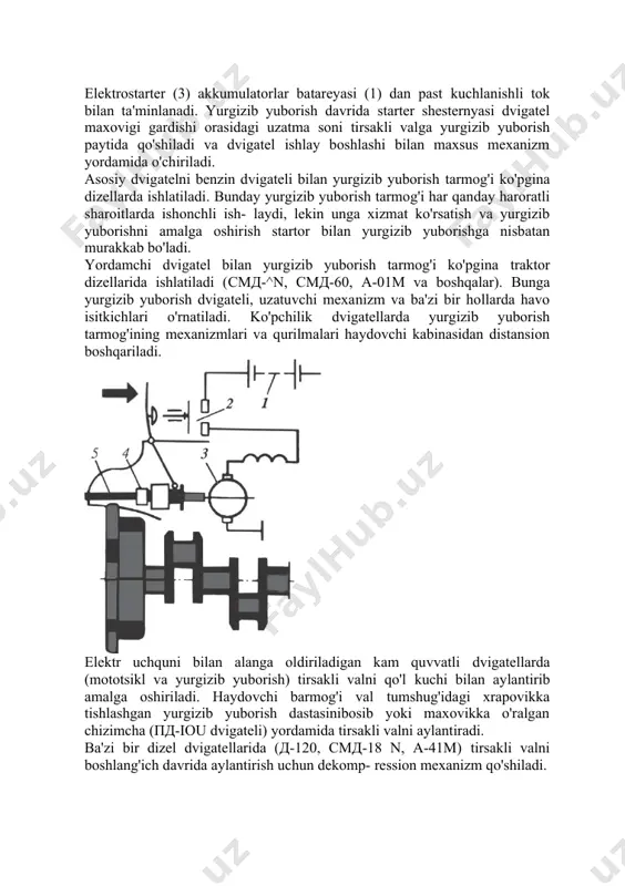 dizellarida, avtomobil dvigatellarida va dizelni yurgizib yuboruvchi dvigatellarda ishlatiladi. 8.1-rasmda elektrostartor bilan yurgizib yuborish tarmog'i- ning oddiy chizmasi ko'rsatilgan. elektrostarter (3) akkumulatorlar batareyasi (1) dan past kuchlanishli tok bilan ta'minlanadi. yurgizib yuborish davrida starter shesternyasi dvigatel maxovigi gardishi orasidagi uzatma soni tirsakli valga yurgizib yuborish paytida qo'shiladi va dvigatel ishlay boshlashi bilan maxsus mexanizm yordamida o'chiriladi. asosiy dvigatelni benzin dvigateli bilan yurgizib yuborish tarmog'i ko'pgina dizellarda ishlatiladi. bunday yurgizib yuborish tarmog'i har qanday haroratli sharoitlarda ishonchli ish- laydi, lekin unga xizmat ko'rsatish va yurgizib yuborishni amalga oshirish startor bilan yurgizib yuborishga nisbatan murakkab bo'ladi. yordamchi dvigatel bilan yurgizib yuborish tarmog'i ko'pgina traktor dizellarida ishlatiladi (smd-^n, smd-60, a-01m va boshqalar). bunga yurgizib yuborish dvigateli, uzatuvchi mexanizm va ba'zi bir hollarda havo isitkichlari o'rnatiladi. ko'pchilik dvigatellarda yurgizib yuborish tarmog'ining mexanizmlari va qurilmalari haydovchi kabinasidan distansion boshqariladi. elektr uchquni bilan alanga oldiriladigan kam quvvatli dvigatellarda (mototsikl va yurgizib yuborish) tirsakli valni qo'l kuchi …