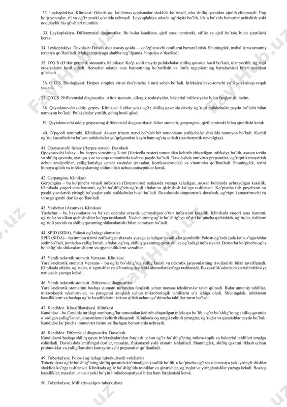 lgilangan hujayralar ko’rinishi mumkin. 13. balonlashuvchi distrofiya balonlashuvchi distrofiyasi – bu hujayralarning katta hajmda shishishi va suyuqlikni to’plashi bilan tavsiflanadi. bu holat, odatda, virusli infektsiyalar (masalan, herpes simplex) yoki boshqa yuqumli kasalliklar bilan bog’liq. balonlashuvchi distrofiyada hujayralarning struktura o’zgaradi va pufaklar hosil bo’ladi. 14. giperkeroz giperkeroz – bu shilliq qavatning yuqori qatlamining ortiqcha qalinlashishidir. bu holat ko’pincha leykoplakiya kabi surunkali yallig’lanish kasalliklarida kuzatiladi. giperkerozda shilliq qavat qalinlashib, qattiq va quruq bo’ladi. 15. papillomatoz papillomatoz – bu shilliq qavatda to’qimalarning ko’payishi, bu o’z navbatida o’sish va to’kishning ko’rinishini hosil qiladi. papillomatoz o’smalar ko’pincha benign (yaxshi sifatli) bo’lib, ular odamning immun tizimi zaiflashganida yoki virusli infektsiyalar (masalan, hpv) tufayli yuzaga keladi. 16. rotter testini (pроба роттера) rotter testi – bu og’iz bo’shlig’ida yallig’lanishning borligini aniqlash uchun ishlatiladigan diagnostik usul. bu test shilliq qavatni jismoniy yoki kimyoviy ta’sirga solish orqali amalga oshiriladi va odatda yallig’lanish yoki allergik reaktsiyalarni ko’rsatadi. agar shilliq qavatda qizarish …