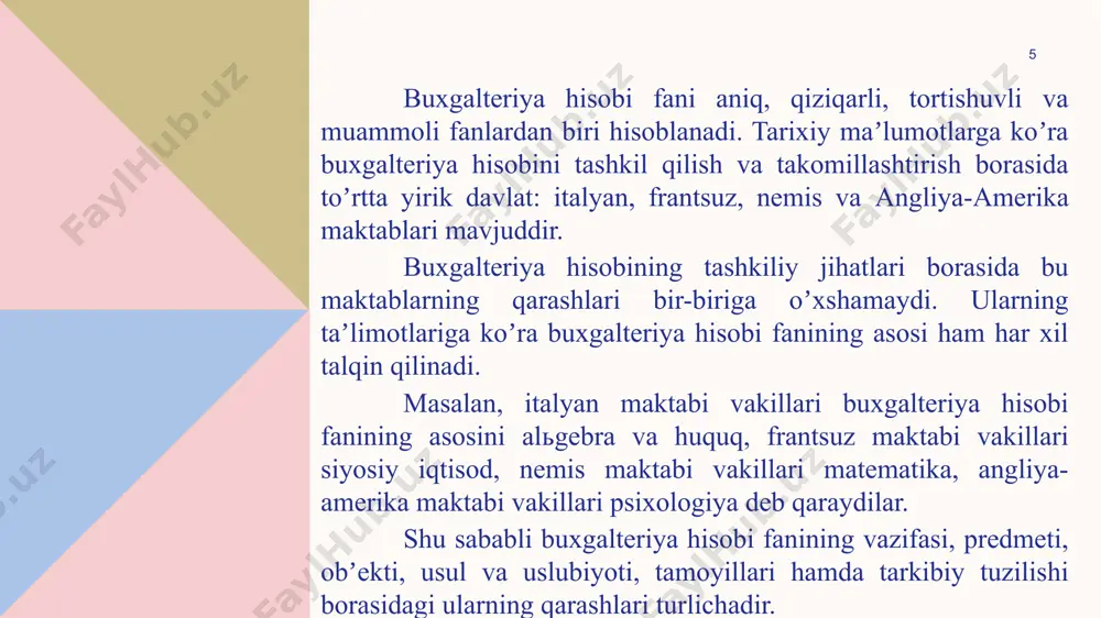oʼylash xatodir. haqiqatda, buxgalteriya hisobi uni aks ettiradi, lekin uni tavsiflash uchun zarur boʼlgan barcha koʼrsatkichlarga ega emas. 13 • noishlab chiqarish sohasi tashkilotlari va muassasalarining xoʼjalik faoliyatlari, ularga davlat byudjetidan qisman ajratilgan hamda oʼzi ishlab topgan mablagʼlardan qay darajada samarali foydalanilayotganini boshqarishdan iborat. shunday qilib, noishlab chiqarish sohasida ishlab chiqarish tarmogʼida yaratilgan ijtimoiy mahsulotning taqsimoti va isteʼmoli sodir boʼladi. demak, buxgalteriya hisobi noishlab chiqarish sohasiga ajratilgan mablagʼlarning holati, sarflanishi xaqida axborotlarni shakllantiradi. moddiy boyliklarning noishlab chiqarish sohasida isteʼmol qilinishi, noishlab chiqarishning bir qismidir. undan tashqari, noishlab chiqarishning isteʼmoliga shaxsiy isteʼmol va jamiyat aʼzolarining ehtiyojlarini qondirish ham kiradi. shaxsiy isteʼmolni buxgalteriya hisobi bevosita oʼz ichiga olmaydi. lekin shaxsiy isteʼmol buxgalteriya hisobida mutlaqo aks ettirilmaydi, deb oʼylash xatodir. haqiqatda, buxgalteriya hisobi uni aks ettiradi, lekin uni tavsiflash uchun zarur boʼlgan barcha koʼrsatkichlarga ega emas. 15 16 . ijtimoiy mahsulotni takror ishlab chiqarishdan tashqari buxgalteriya hisobida mehnat kuchlari va ishlab chiqarish munosabatlarini …