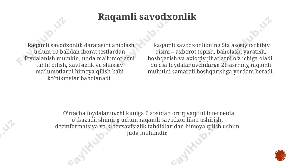 rini aniqlash va ularga qarshi turish ko'nikmalarini shakllantirishga yordam beradi. oav bilan sog'lom munosabatlarni o'rnatish turli xil oav manbalaridan (gazetalar, televidenie, internet) ma'lumot olish, kritikal fikrlashni rivojlantirib, axborotga nisbatan mustaqil munosabatni shakllantiradi. oavdagi reklamalar va manipulyatsiyalarni aniqlash uchun kamida 5 ta turli xil manbani solishtirish, mediya savodxonligingizni oshiradi. oavlardan kuniga 2-3 soatdan ortiq foydalanmaslik, miya dam olishi va boshqa faoliyatlarga vaqt ajratish sog'lom munosabatlarni shakllantirishga yordam beradi. vizual savodxonlik визуал саводхонликни ривожлантиришда 5-10 ёшли болаларга 3d-моделлар ва интерактив анимациялардан фойдаланиш тасвирий фикрлаш ва маълумотларни таҳлил қилиш кўникмаларини шакллантиради. расм, фото, видео ва инфографикаларни таҳлил қилишда, 3 та асосий элементни – мазмун, контекст ва манбани – ҳисобга олиш визуал саводхонликнинг муҳим жиҳати ҳисобланади. визуал саводхонлик даражасини баҳолаш учун онлайн тестлардан фойдаланиш, натижаларни таҳлил қилиш ва камчиликларни аниқлашга ёрдам берадиган 5та асосий кўрсаткични ўз ичига олади. yangiliklarni tahlil qilish yangiliklarni tahlil qilishda rasmiy statistik ma'lumotlarga, ishonchli ilmiy tadqiqotlarga va ekspertlar fikrlariga tayanish, …