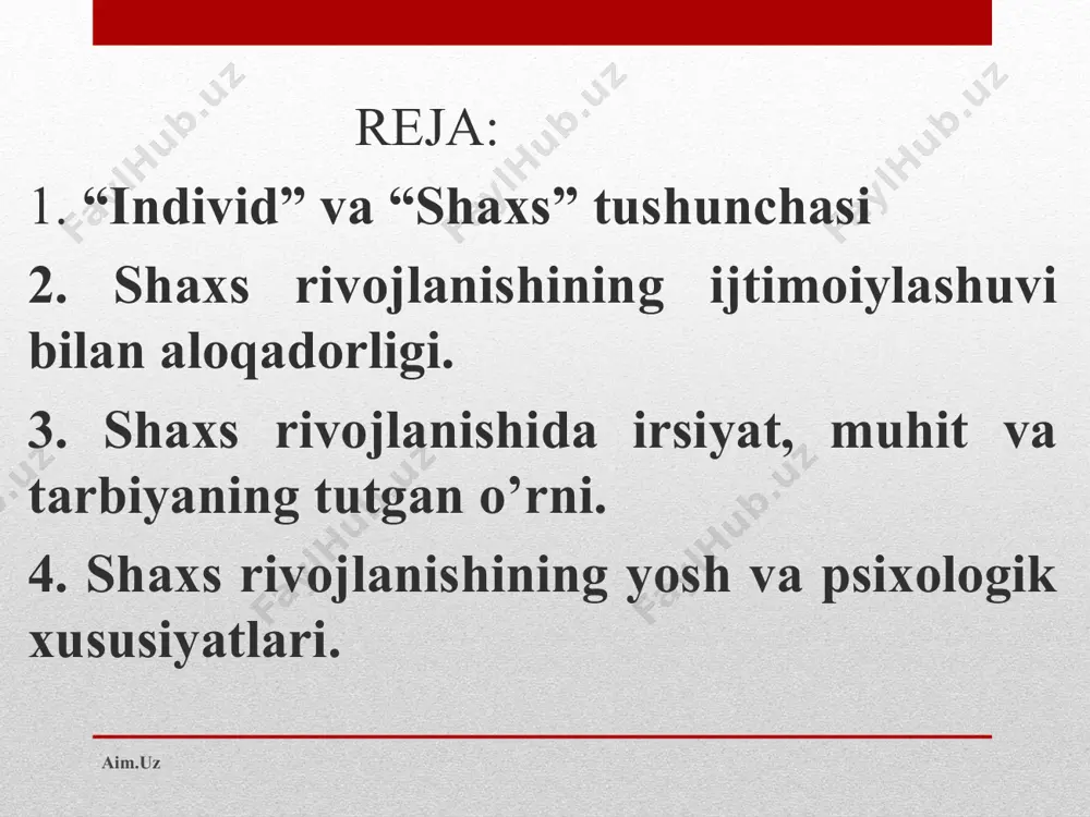 nihoyatda kuchli bo’ladi. rivojlanish deb, bola vaznining oshishi, suyak va muskul tizimining, tanosil a’zolarining, nerv-funksional faoliyatining kamol topishi, aql-zakovatining shakllanishiga aytiladi. aim.uz aim.uz shaxs rivojlanishiga ta’sir etuvchi omillar. pedagogika fani bolani shaxs sifatida shakllanishi va unga ta’sir etuvchi omillarni ham o’rganadi. shaxs rivojlanishi va kamolga yetishi murakkab va ziddiyatli jarayon bo’lib bunda nasl-irsiyat, ijtimoiy muhit, maqsadga muvofiq amalga oshiriladigan ta’lim-tarbiya va nihoyat o’zining mustaqil faoliyati ham muhim ahamiyatga ega. aim.uz aim.uz shaxs rivojlanishiga ta’sir etuvchi omillar. 1.irsiyat 2.ijtimoiy muhit 3.ta’lim-tarbiya 4.faoliyat. aim.uz aim.uz irsiyat. irsiyat deganda bolaga ota-ona va umuman yaqin avlodlardan, ya’ni nasldan-naslga o’tadigan biologik xususiyat va o’xshashliklar tushuniladi. aim.uz aim.uz muhit. muhit deganda kishiga ta’sir etadigan tashqi voqealarning yig’indisi tushuniladi. aim.uz aim.uz bola yoshini davrlashtirish. 1. go’daklik, chaqaloqlik davri (tug’ilgandan to 1yoshgacha bo’lgan davr) 2. yosh davri 1yoshdan 3yoshgacha 3. maktabgacha tarbiya yoshi 3yoshdan 6-7yoshgacha 4. maktab yoshidagi kichik o’quvchilar 6-7yoshdan 11-12 yoshgacha 5. o’rta maktab yoshidagi o’quvchilar …