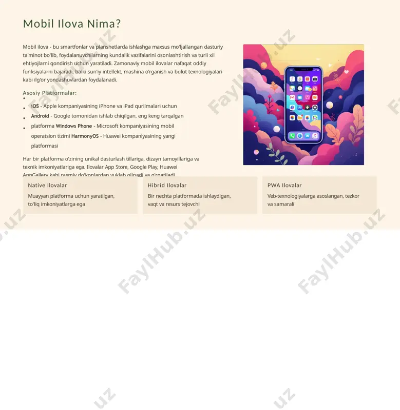 ishi, kimlar uchun mo'ljallanganligi aniqlanadi. swot tahlil, biznes-model yaratish va moliyaviy rejalashtirish ham shu bosqichga kiradi. muhandislik va dizayn ishlari arxitektura loyihalash, ux/ui dizayn yaratish, wireframe va prototiplash. foydalanuvchi tajribasini loyihalash, interfeys elementlarini tanlash va brending ishlari amalga oshiriladi. texnik hujjatlar tayyorlanadi. mobil ilova yaratish - bu murakkab va ko'p bosqichli jarayon bo'lib, har bir bosqich o'z ahamiyati va texnik talablariga ega. muvaffaqiyatli ilova yaratish uchun barcha bosqichlarni ketma- ketlik bilan va professional darajada bajarish zarur. 01 02 03 dasturlash va ishlab chiqish backend va frontend dasturlash, ma'lumotlar bazasi yaratish, api integratsiyasi. kodlash jarayoni, funksiyalarni amalga oshirish va turli xil texnologiyalarni birlashtirishni o'z ichiga oladi. 04 sinov va xatolarni tuzatish unit testlar, integratsiya testlari, foydalanuvchi testlari va performance optimallashtirish. xavfsizlik tekshiruvi, turli qurilmalarda moslashuvchanlik sinovi va load testing ham muhim. 05 monitoring va yangilash ilova do'konlariga joylash, analytics o'rnatish, foydalanuvchi fikr-mulohazalarini yig'ish va muntazam yangilanishlar chiqarish. bug reportlar bilan ishlash …