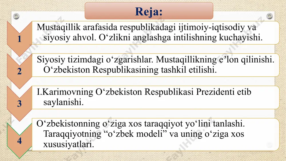 i aniq-ravshan belgilab qo‘yish, respublikalar mustaqilligini har jihatdan mustahkamlash tarafdorimiz“, - degan edi. 1989-yilning may oylarining oxirlaridan o’zbekiston ssr farg’ona viloyatida mesxeti-turklar va o’zbeklar orasida qarama-qarshilik avjiga chiqadi. 1989-yilning iyun oyida dastlabki qurbonlar ham paydo bo’ladi. natijada mesxeti-turklar ko’chirilgan. bu hodisa “farg’ona voqealari’’ nomini olgan. 1990-yilning iyun oyida qirg’iziston ssr hududida qirg’izlar hamda o’zbeklar o’rtasida milliy nizolar boshlanadi. bu jarayon “o’sh qirg’ini’’ nomini olgan. 1990-yilning 13-20-yanvar kunlarida ozarbayjonnning poytaxti boku shahrida armanlarga hujum uyushtirilgan hamda ulardan bir qanchasi o’ldirilgan, ba’zilarning esa boyliklari talangan. 1989 yil 23 iyun respublika rahbarligiga islom karimov saylandi. 1990 yil 13 iyun moskva shahriga sssr bosh prokurori, sssr oliy sudining raisi va sssr adliya vaziri nomiga yozilgan xatda komissiya xulosalari batafsil ko‘rsatildi. 1989 yil iyun va oktabrda farg‘ona, toshkent va o‘sh viloyatlarida bo‘lgan voqealar, ayniqsa shov-shuvga sabab bo‘ldi. 80-yillar oxirida o‘zbekistonda 100 dan ortiq millat va elatlar istiqomat qilib, ularning 71,4 foizini o‘zbeklar, 8,2 foizni ruslar …