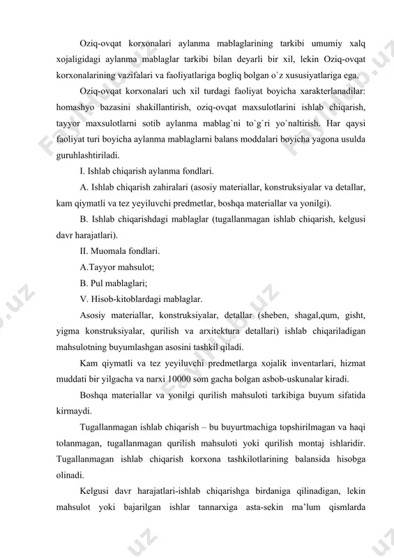 olinadi. kelgusi davr harajatlari-ishlab chiqarishga birdaniga qilinadigan, lekin mahsulot yoki bajarilgan ishlar tannarxiga asta-sekin ma’lum qismlarda otkaziladigan harajatlardir. bu harajatlarning asosiy maqsad vazifasi-oldinda kutilayotgan ishlab chiqarish jarayoniga tayyorgarchilikdan iborat. oziq-ovqat korxonalarida kelgusi davr harajatlariga quyidagilar kiradi: -titulda hisobga olinmagan vaqtinchalik inshootlar va moslamalarga boladigan harajatlar; -mashinalarni tasarruf etish qiymatlariga kiruvchi-ularni qurilish maydoniga yetkazib kelish va joyida montaj qilishga birdaniga boladigan harajatlar; -trassa boylab vaqtinchalik tosh materiallari karerlarini ochishga boladigan harajatlar. buyurtmachilar bilan hisob-kitoblardagi mablaglar bu yo’l tashkilotlari tomonidan bajarilgan ishlar uchun taqdim etilgan schetlardagi, lekin hali tolov muddati yetib kelmagan mablaglardir. aylanma mablaglarni rejalashtirish quyidagilarni kozda tutadi: -aylanma mablaglarning alohida elementlari boyicha me’yorlarni hisoblash (kun, %); -tegishli elementlar boyicha bir kunlik aylanish uyushmasini aniqlash (pul korinishida); -pul korinishida korxonaning oziga tegishli aylanma mablaglar normativlarini aniqlash (som); -korxonaning oz aylanma mablaglari boyicha belgilangan normativlarni qoplash manbaalarini aniqlash. mablaglarni limitlashtirish nuqtai nazaridan olganda me’yorlanadigan va me’yorlanmaydigan aylanma mablaglar mavjud. me’yorlanuvchi aylanma mablaglarga …