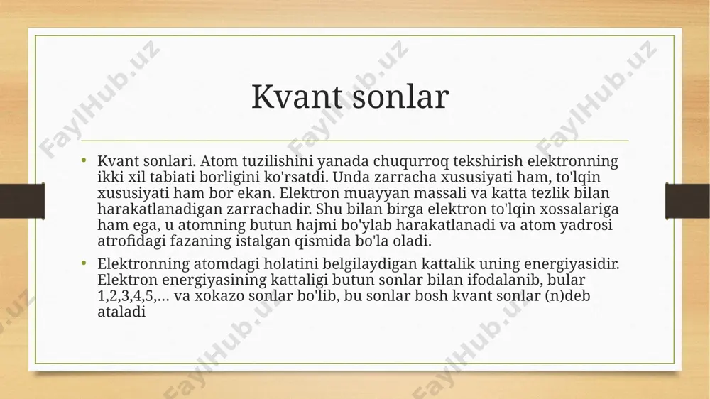 dalanadi. l0 holatga d-orbital, l3 holatga esa f— orbital muvofiq keladi. bir pog'onachada joylashgan elektronning energetik holati ham bir-biridan farq qiladi; uchinchi kvant son magnit kvant son (m) deb ataladi. magnit kvant son – elektron harakat moqdori vektorining harakat miqdori biror yo'nalishga nisbatan proyeksiyasini ifodalaydi, u olishi mumkin bo'lgan qiymatlar soni 2l1 ga teng (m2 l; 0; -l). demak, s - pog'onachada bitta, p - pog'onachada uchta, d- pog'onachada beshta, f - pog'onachada yettita elektron holat bo'lishi mumkin. atomlarning chiziqli spektrini o`rganish, atom ichiga "nazar solishga" imkon beradi deyish mumkin. pauli ham atom spektrlarini o`rganib atomda ma`lum bir holatda n, , m, ms to`rtala kvant sonlari bir xil bo`lgan bittadan ortiq elektronni bo`lishi mumkin emas degan xulosaga keldi. bu fizikada paulining ta’kidlash prinsipi deb yuritiladi. pauli prinsipiga yana boshqacha ta'rif berish mumkin: bir xil fermionlardan ikkitasi bir vaqtning o`zida ayni bir holatda bo`lishi mumkin emas. pauli pirinsipi asosiy kvant soni …