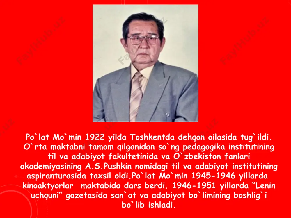 i, go‘dak tabiati va psixologiyasining bilimdoni, o‘z o‘rnida mehribon va bolajon, kamtarin va samimiy, bolalarcha soddadil bo‘lish hamda favqulodda donolik talab etiladi. biz po‘lat mo‘min ijodida ana shunday xususiyatlar mujassamligini his etamiz. bunday darajaga yetishish uchun shoir butun umrini bolalar orasida, o‘z kitobxonlari davrasida o‘tkazdi unga bolalar va maktab hayoti — ajoyib, jo‘shqin hayot juda yaxshi tanish, qadrli bo‘lgan. shuning uchun ham shoir o‘z kitobxonlarining o‘y-fikrlari, orzu-umidlarini yaqindan bilgan, ularning dillaridagini tillarga chiqara olgan. shoirning tinimsiz ijodiy mehnati tufayli, “hunardan unar”, “to‘g‘ri o‘sgan gul bo‘lar”, “o‘rinbosarlar”, “oltin nay”, “bir yarim karim”, “do‘sting qancha ko‘p bo‘lsa”, “oftob va odob”, “yaxshilarga o‘xshasam”, “bu juda soz”, “eson-omon”, “oltmish olti oltin qo‘l”, “ustozlar izidan”, “bolalarning baxti kulgan”, “bolajon, bolajonim”, “bag‘ishlovlar-olqishlar” she’riy to‘plamlari, “chanoqvoy bilan qovoqvoy”, “bahodirning botirligi”, “oq fil yo‘qoldi”, “suqatoy-konfetvoy”, “ona bolam deydi” kabi ertaklari, piesalari yuzaga keldi. ba’zan o‘quvchi-yoshlar orasida mug‘ombir, pismiq bolalar ham topilib qoladi. shoirning “qo‘l ko‘tarib qo‘lga tushdi” nomli …