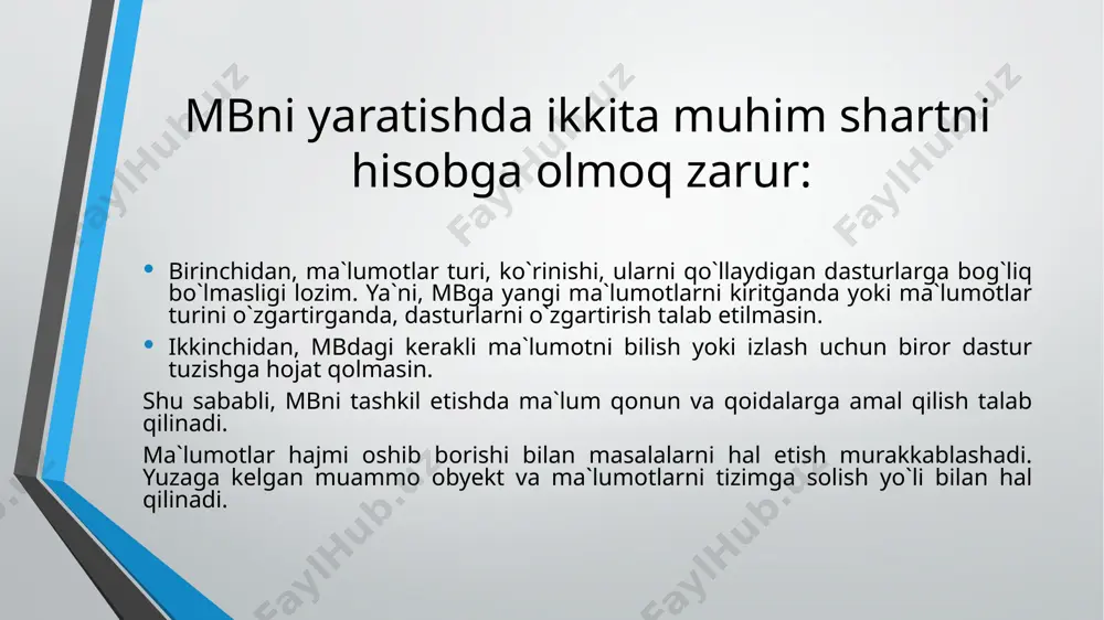 kin. masalan, tajriba o`tkazish mobaynida foydalaniladigan asboblarning aniqligi, olinayotgan natijaning aniqligiga ta`sir etadi. samolyotning ob-havo sharoitini hisobga olmay tuzilgan uchish jadvali, aeroflot ishining taqribiy modelini ifodalaydi va h-zo. modellashtirish modellashtirish – bilish ob`ektlari (fizik hodisa va jarayonlar) ni ularning modellari yordamda tadqiq qilish, mavjud narsa va hodisalarning modellarini yasash va o`rganishdan iborat. modellashtirish uslubidan hozirgi zamon fanida keng foydalanilmoqda. u ilmiy-tadqiqot jarayonini osonlashtiradi, ba`zi hollarda esa murakkab ob`ektlarni o`rganishning yagona vositasiga aylanadi. modellashtirishning, ayniqsa, mavhum ob`ektlarni, olis-olislarda joylashgan ob`ektlarni, juda kichik hajmli ob`ektlarni o`rganishda ahamiyati kattadir. modellashtirish uslubidan fizika, astranomiya, biologiya, iqtisod fanlarida ob`ektning ma`lum xususiyat va munosabatlarini aniqlashda foydalaniladi. mbni yaratish bosqichlari muammoning qo`yilishi. ushbu bosqichda mbni yaratish uchun vazifa shakllantiriladi. unda bazaning tarkibi, nima uchun ishlatilishi, yaratish maqsadi batafsil bayon etiladi. shuningdek, ushbu mbda qanday turdagi ishlarni bajarish mo`ljallanayotganligi (tashlash, qo`shish, ma`lumotlarni o`zgartirish, hisobotni ekranda chiqarish yoki chop etish va h-zo) sanab o`tiladi. obyektning tahlili. ushbu bosqichda mb …