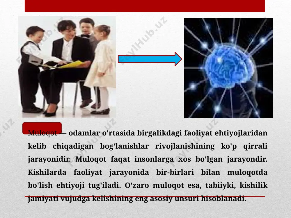 bir xil kodlashtirish hamda dekodlashtirish tizimiga ega bo'lishi kerak. yagona tizimni qabul qilishgina kommunikativ jarayon ishtirokchilariga bir-birini tushunish imkonini beradi. muloqotning interaktiv tomoni – birgalikdagi faoliyatni tashkil etish va amalga oshirishda muloqot ishtirokchilarining bir-biriga ta’sir o'tkazishidir. kommunikatsiya orqali kishilar birgalikdagi umumiy faoliyatni tashkil etadilar. bunda kishilar albatta, bir-birlariga ta ’sir ko'rsatadilar. shuning uchun o'zaro ta’sir birgalikdagi faoliyatning tashkil etilishi sifatida tushuniladi. birgalikdagi faoiiyatning uch xil modeli mavjud: 1. har bir ishtirokchi boshqalardan mustaqil ravishda o'ziga tegishli qismini bajarishi (masalan, shanbalikdagi ish, uy ishlari). 2. umumiy vazifaning bosqichma-bosqich har bir ishtirokchi tomonidan bajarilishi (konveyerdagi ish). 3. har bir ishtirokchi boshqalar bilan birgalikda bir vaqtning o'zida umumiy faoliyat bilan mashg'ul bo'lishi (futbol jamoasidagi ish). muloqotning perseptiv - tomoni kishini kishi tomonidan idrok qilish, tushunish va unga baho berishdir. boshqa kishilami tushunibolish bilan kishi suhbatdosh bilan bo'ladigan faoliyat, aloqa istiqbolini aniqroq belgilab oladi. birgalikdagi faoiiyatning muvaffaqiyatli ro'y berishi ko'p jihatdan kommunikativ jarayon ishtirokchilari …
