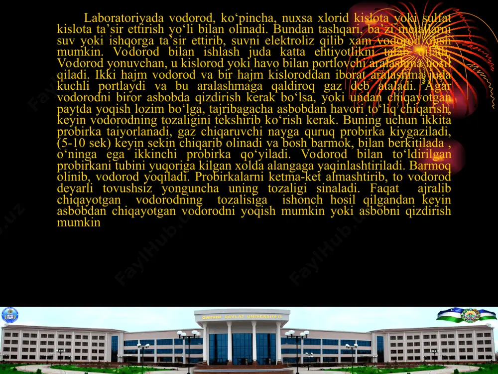ml li kolbaga 2 ml 5% li sulfat kislotasi quying va uni 0°s gacha sovrting. kolba ichidagi moddarn aralashtirib turib 5-10 minut davomvda oz-ozdan bariy gidioksid kukunidan 1g gacha qо‘shing. hosil bо‘lgan chо‘kmadan suyuqlikni filtrlab oling. reaksiya tenglamasiri yozing. vodorod peroksidning xossalarini о‘rganing. kislorod kislorodning elemektlar davrny sistemasida tutgan о‘rni, atom о‘lchami va molekulasining elektron konfisuiatsiyagi, iamoyoi kiladrtai okgidlanish danajagi hakida tushuncha bering. suyuq kislorodning paramasirtlik xossalarini kanday tushuntrasiz? kislorod ranggiz va hidgiz gaz bо‘lib, havodan bir oz osir. u -183°g da qaynaydi. kislorod suvda eriydi, 0°g da 10(2 xajm suvda 5 hajm kislorod eriydi. kislorodning olinishi kislorodni laboratoriyada bertole tuzini (ksio3), kaliy permangarat tuzini (kmno4) parchalash bilan, suvni elektroliz qilish va boshqa usullar bilan olinadi. i.kislorodni bertole tuzini (kaliy xloratrn) parchalab olish. tajriba uchun yaxshi maydalangan kaliy xlorat va kukun holidagi marganets (iv) oksida olinadi. bertole tuzi bilan ishlashda juda ehtiyot bо‘lish kerak, chuiki unga juda oz miqdordagi yonuvchi …