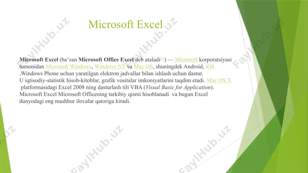 fbosi va oʻlchamini belgilash mumkin. servis boʻlimi office muhitidagi amaliy dasturlarnikiga oʻxshash. dannie boʻlimi bandlari kataklardagi qiymatlar ustida amallar bajarishga moʻljallangan okno — ishchi oynani tartiblash. spravka — yoʻriqnoma va maʼluomot olish. excelda diagrammalar excel dasturining foydali tomoni unda kiritilgan maʼlumotlar asosida diagrammalar yaratish mumkin. excelda maʼlumotlar asosida tayyorlanadigan diagrammalar quyidagi turlarga boʻlinadi: gistogramma; — sohali; grafikli; — xalqali; doiraviy; — sirtli; nuqtali; — birjaviy va hokazo. diagramma hosil qilish uchun quyidagi ketma-ketlikka rioya qilish kerak: 1) elektron jadvalni yuklash. 2) mavzuni kiritish. 3) ustunlar kengligini tanlash. 4) har bir ustunga mos nomlarni kiritish. 5) yacheykalarni maʼlumotlar bilan toʻldirish 6) toʻldirish ustunining formulasini berish. 7) „jami xarajatlar miqdori“. natijaviy jadval hosil qilish. 8) maʼlumotlarni saralash. windovs uchun versiyalar 1988-yil — excel 2.0 1990-yil — excel 3.0 1992-yil — excel 4.0 1993-yil — excel 5.0 (office 4.2 va 4.3, faqat windows nt uchun 32 bitli versiyasi ham bor) 1995-yil — excel …