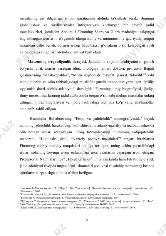 kiritilgаn. bitiruv malakaviy ishining maqsadi. jadid adabiyotining yirik namoyandasi abdurauf fitrat asarlarida sharq mumtoz adabiyoti namoyandalari talqinining yoritilishi masalasini qiyosiy jihatdan o‘rganish bitiruv malakaviy ishining asosiy maqsadidir. ishning vazifalari quyidagilardan iborat: – ijodkor adabiy-publitsistik merosi misolida sharq madaniyatining ildizlariga doir qarashlarni o‘rganish; – fitrat asarlaridagi sharq mumtoz adabiyoti namoyandalariga doir fikrlarni qiyosiy tahil etish; – “bedil” asarini mavzu yuzasidan o‘rganib, adib qarashlarining ahamiyatini yoritish; – shoir qarashlarida yosh avlodni milliy ma'rifat ruhida tarbiyalashda tutgan o‘rnini aniqlash. – “fors shoiri umar xayyom” risolasini badiiy tahlil qilish; –umar xayyom haqida fitratning qarashlarini ko‘rib chiqish. bitiruv ishining obyekti vа predmeti. fitratning “bedil” qissasi hamda “fors shoiri umar xayyom” risolasi tadqiqot obyektidir. fitratning “bedil” qissasi, “fors shoiri umar xayyom” risolasi, “bedil” qissasida obrazlar olami, asarning yaratilish tarixi, umar xayyom poetikasi bitiruv malakaviy ishining predmetini tashkil etadi. tаdqiqotning ilmiy yаngiligi. shu vaqtgacha o‘rganilgan tadqiqotlarda fitrat ijdodida sharq mumtoz adabiyoti namoyandalari talqini maxsus o‘rganilmagan edi. “fors …