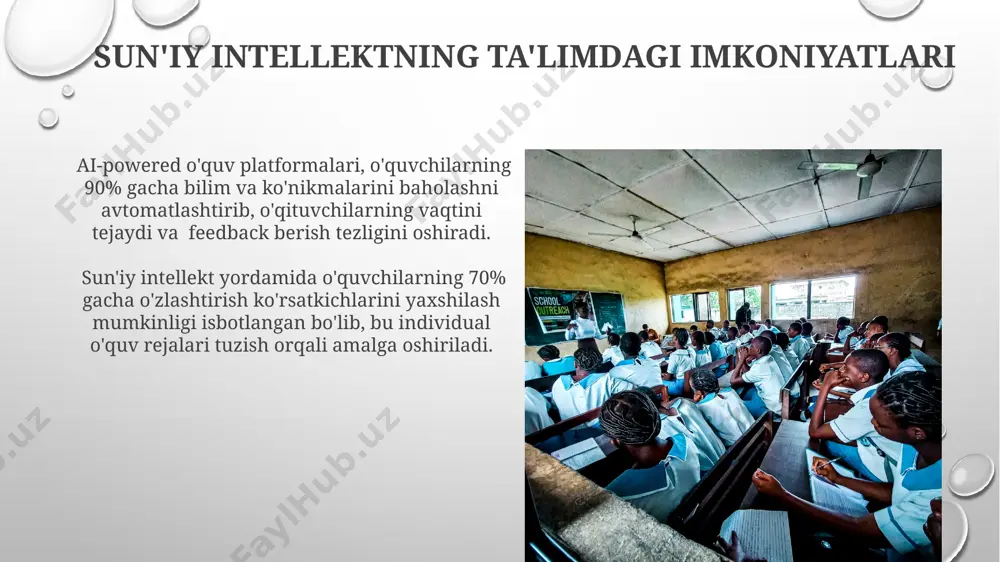 boshlangʻich maktablarda 50% ga oshishi va oʻquv jarayonini interaktiv va jozibador qilishi kutilmoqda. kelajakda, rivojlangan mamlakatlardagi boshlangʻich taʼlimda sunʼiy intellekt yordamida shaxsiylashtirilgan oʻqitish tizimlari 30% ga koʻpayib, oʻquvchilarning bilim olish samaradorligini oshiradi. robotlar va stem ta'limi robotlar yordamida o'quvchilar stem fanlariga bo'lgan qiziqishlarini 30% ga oshirishga yordam beradigan interaktiv dasturlar mavjud. kodlash va robototexnika asoslarini o'rganish uchun mo'ljallangan 5-10 yoshli bolalar uchun 100 dan ortiq turli xil robototexnika to'plamlari ishlab chiqilgan. ta'limda bulut texnologiyalari bulutli sinf xonalarida o'tkazilgan tadqiqotlar, o'quvchilarning 30% da bilim olishga bo'lgan qiziqishining ortganini va imtihon natijalarining yaxshilanishini ko'rsatdi. bulut platformalari o'qituvchilarga 500 dan ortiq ta'lim dasturlari va resurslariga kirish imkonini berib, individual o'qish ehtiyojlarini qondirishga yordam beradi. ma'lumotlar tahlili va shaxsiylashtirilgan ta'lim ai algoritmlari o'quvchilarning o'rganish uslublarini tahlil qilib, ularga moslashtirilgan o'quv materiallari va vazifalarini avtomatik ravishda tanlaydi, bu samaradorlikni 25% ga oshiradi. ma'lumotlar tahlili o'quvchilarning 70% gacha bilim bo'shliqlari va qiyinchiliklarini aniqlashga yordam beradi, natijada …