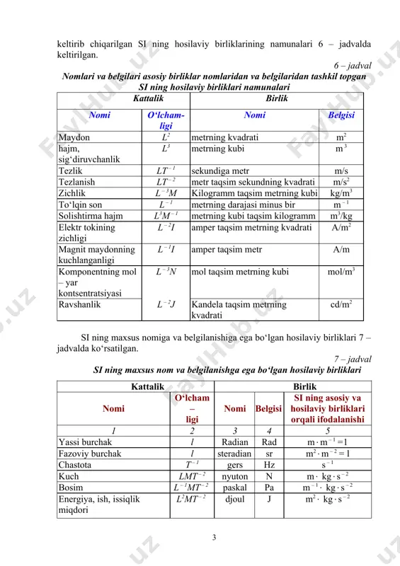 tizimning miqdoridir. molni tadbiq etishda elementlari guruhlangan bo‘lishi lozim va ular atom, ion, elektron va boshqa zarrachalar guruhlaridan iborat bo‘lishi mumkin. yoruglik kuchi j kandela cd kd kandela – bu berilgan yo‘nalishda 540·1012 hz chastotali monoxramatik nurlanishni tarqatuvchi va shu yo‘nalishda energetik yorug‘lik kuchi 1/683 w|sr ni tashkil etuvchi manbaning yorug‘lik kuchidir. xalqaro birliklar tizimi (si) ning hosilaviy birliklari si ning hosilaviy birliklari si ning kogerent hosilaviy birliklarini hosil qilish qoidalariga muvofiq keltirib chiqariladi. si ning asosiy birliklaridan foydalanib keltirib chiqarilgan si ning hosilaviy birliklarining namunalari 6 – jadvalda keltirilgan. 6 – jadval nomlari va belgilari asosiy birliklar nomlaridan va belgilaridan tashkil topgan si ning hosilaviy birliklari namunalari kattalik birlik nomi o‘lcham-ligi nomi belgisi maydon l2 metrning kvadrati m2 hajm, sig‘diruvchanlik l3 metrning kubi m 3 tezlik lt – 1 sekundiga metr m/s tezlanish lt – 2 metr taqsim sekundning kvadrati m/s2 zichlik l – 3m kilogramm taqsim metrning kubi …
