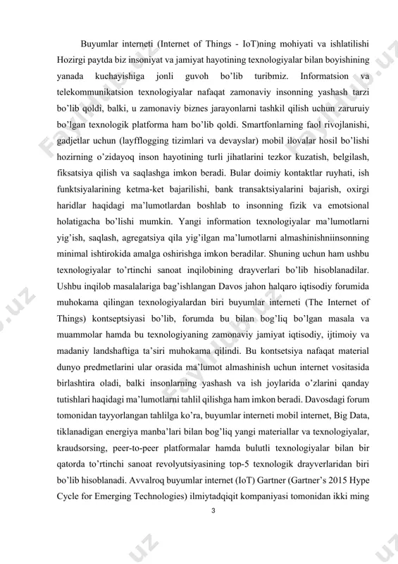 t almashinish uchun internet vositasida birlashtira oladi, balki insonlarning yashash va ish joylarida o’zlarini qanday tutishlari haqidagi ma’lumotlarni tahlil qilishga ham imkon beradi. davosdagi forum tomonidan tayyorlangan tahlilga ko’ra, buyumlar interneti mobil internet, big data, tiklanadigan energiya manba’lari bilan bog’liq yangi materiallar va texnologiyalar, kraudsorsing, peer-to-peer platformalar hamda bulutli texnologiyalar bilan bir qatorda to’rtinchi sanoat revolyutsiyasining top-5 texnologik drayverlaridan biri bo’lib hisoblanadi. avvalroq buyumlar internet (iot) gartner (gartner’s 2015 hype cycle for emerging technologies) ilmiytadqiqit kompaniyasi tomonidan ikki ming texnologiyalar orasidagi eng kerakli, mijozlar bilan juda yaxshi teskari aloqani amalga oshirib beradigan, mahsulot va hizmatlarning sifatini yaxshilay oladigan texnologiya sifatida aytib o’tigan edi. ammo shuni ham aytib o’tish kerakki, iot kontseptsiyasi oldin ham ba’zi bir texnologik loyihalar (aqlli uy, shahar transportini boshqarishning avtonov tizimlari, zaridlarning individual datchiklari, insonlarning fizik xolatini kuzatib boradigan ilovalar) amalga oshirilganida bir predmetlarni boshqalari bilan ulash vositasi sifatida amalda qo’llanilar edi. qandaydir muddat davomida bunday loyihalar …