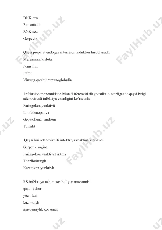 tdagi hansirashga qovurgʻalar oraligʻi va epigastral sohaning tortilishiga hansirash kuzatilmaydi bronxiolit koʻpincha uchraydi: bola hayotini birinchi yilida oʻsmirlik davrida 3 yoshdan keyin katta yoshdagi odamlarda quyidagilardan dnk-saqlovchi viruslarni koʻrsating: adenovirus rs-virus reovirus toʻgʻri javob yoʻq grippda infektsiya manbai? bemor odam rekovalessent hayvonlar qushlar grippning yuqish yoʻli? havo - tomchi kontakt fekal — oral qushlar gripp patogenezining asosiy mexanizmi? barchasi toʻgʻri virusni epiteliy hujayraga kirishi va reproduksiyasi virusemiya, toksemiya markaziy va periferik nerv sistemasining zararlanishi gripp patogenezida quyidagilardan qaysi biri muhim ahamiyatga ega: barchasi toʻgʻri viruslar virulentligi umumiy toksikoz organizm himoya kuchining holati quyidagilardan qaysi biri grippning asosiy klinik simptomlariga kiradi: barchasi toʻgʻri isitma, yuz giperemiyasi burun halqum shilliq pardasi giperemiyasi, shishi va halqum orqa devorining donadorligi qaltirash, holsizlik, mushaklarda ogʻriq grippda oʻtkazilmaydigan laborator tahlili: riga toʻqima namunasida virus kultivasiyasi komplement birlashtirish reaksiyasi (rsk) immunoflyuoressensiya gripp qanday klinik shakllarda kechadi? barchasi toʻgʻri engil, simptomsiz oʻrta ogʻir ogʻir, chaqmoqsimon (gipertoksik) grippning ogʻir …