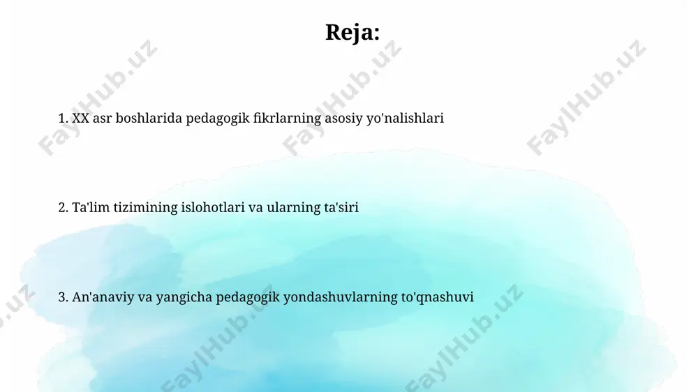 ida 3 ta asosiy bosqichga bo'lingan. bolalar bog'chalari sonining 1900-yildan 1920-yilgacha 3 barobar oshishi, rossiyada va boshqa evropa mamlakatlarida bolalarni erta yoshdan tarbiyalashga yangicha yondashuvlarning keng tarqalishini ko'rsatadi. o'qituvchining roli va vazifalari 20-asr boshlarida rossiya imperiyasi hududida, jumladan, turkistonda o'qituvchilar asosan 3 ta asosiy metod – og'zaki bayon, ko'rgazmali qurollar va mashqlar yordamida dars berishgan. o'qituvchining asosiy vazifasi 1900-yillar atrofida bilim berishdan tashqari, bolalarda vatanparvarlik va intizomlilik tuyg'usini tarbiyalash hamda axloqiy qadriyatlarni singdirish hisoblangan. ta'limda fanlararo aloqalar 20-asr boshlarida, ayniqsa, rossiya imperiyasi hududida, ta'limda fanlararo aloqalar 2-3 ta asosiy fan atrofida shakllangan bo'lib, ular tarix, geografiya va adabiyotni o'z ichiga olgan. o'zbekistonda 1900-yillarning boshlarida fanlararo aloqalarni rivojlantirishga qaratilgan bir qator eksperimental maktablar ochilib, matematika va tabiiy fanlarni birlashtirishga urinishlar bo'lgan. progressiv pedagogika va uning vakillari progressiv pedagogika tarafdorlari, masalan, mariya montessori, o'quv jarayonida bolalarning o'z-o'zini rivojlantirishini ta'minlash uchun 3-6 yoshli bolalar uchun maxsus o'quv materiallari va uslublarini ishlab chiqdilar, bu …