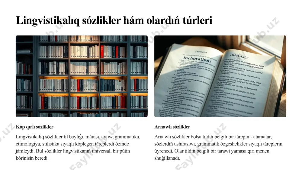 listikasın óz ishine aladı. 2 arnawlı sózlikler tildiń belgili bir tarawi yaki qırı (terminler, sózler, sóz ushirasıwı, grammatik ózgeshelikler) menen shuģillanadı. 3 sózlik maqalası dúzilisi sóz jazılıwı, grammatikalıq maǵlıwmatlar, etimologiyalıq maǵlıwmatlar sıyaqlı bólimlerden ibarat boladı. 14 b.m. gak, n.d. arutyunova (2003) - lingvistika: teoriyalıq tiykarlar bul kitapta lingvistikalıq sózlikler hám olardıń túrleri haqqında teoriyalıq magliwmatlar berilgen. lingvistikalıq sózliklerdiń tiykarǵı wazıypaları hám túrleri, sonday-aq, olardıń tiltanıwda qalay paydalanılıwı haqqında usınıslar berilgen. m. d. sokolova (1990) lingvistikalıq sózlikler hám olardı jaratıw texnologiyaları kitapta lingvistikalıq sózliklerdiń dúzilisi hám olardı jaratıw usılları haqqında tolıq magliwmatlar bar. sózliklerdiń qáliplesiwi, maǵlıwmatlar bazaları hám olardıń lingvistikalıq analizi haqqında túsinikler beriledi. l. g. avanesov (1970) - sózlik hám lingvistikalıq metodologiya avanesovtıń shıǵarması lingvistikalıq sózliklerdiń túrleri, olardıń quramı hám funkciyalarına tiyisli analizlerdi óz ishine aladı. shıǵarma til tanıstırıwdıń sózlik tanıstırıw tarawı menen tanıstıradı. m. x. g'ulomov (2007) - ózbek til biliminde sózlik tanıw ózbek til biliminde sózlikler hám olardıń …