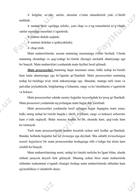 ark qilmaydi. shuning uchun biror matn muharririda ishlashni mukammal o‘rganib olsangiz boshqa matn muharrirlarida ishlashni ham qiyinchiliksiz o‘zlashtirib olasiz. matn muharrirlarining asosiy elementlari: ishchi maydoni, yurgich va menyu. ishchi maydoni. matn muharriri kompyuter ekranida «ishchi maydoni» deb ataladigan maxsus joy ajratadi. ishchi maydoni matn yozish uchun sahifa vazifasini bajaradi. kiritilayotgan matn ishchi maydonida aks ettirilib boriladi. yurgich(kursor). klaviaturadan kiritilayotgan belgi ishchi maydonining qayirida aks etishini ko‘rsatib turadi. odatda, gorizontal yoki vertikal chiziqcha ko’rinishida bo‘ladi. menyu. maxsus buyruqlar va amallar majmui menyu deb ataladi. ular yordamida asosan matnlarni diskdan o‘qish, chop etish kabi ishlar amalga oshiriladi. yurgich v ishchi maydoning ko‘rinishi matn muharriri ishiga deyarli ta'sir ko‘rsatmaydi. ular turli matn muxarrirlarida biroz farq qilishi mumkin. grafik muharrirlari shakllar, rasmlar, fotosuratlar kabi grafik ma‘lumotlarni qayta ishlashga mo‘ljallangan dasturdir. deyarli barcha grafik muharrirlari quyidagi asosiy vazifalarni bajaradi: ( yangi shakl hosil qilish; ( shaklni qurish va tahrir qilish; ( shakllarni birma-bir ko‘rib chiqish; …
