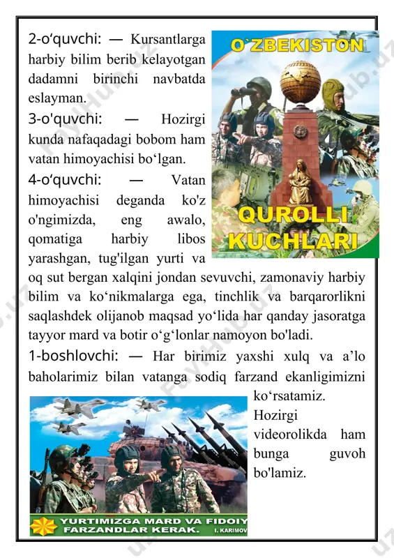 an himoyasi, el kori uchun bel bog'lab xizmat qilmoqda. ular haqida sinfimiz qizlari she’r yod olishgan. marhamat! 1-o'quvchi: to'marisning avlodlari asli sizlar, oybarchinday shijoatli, shahdli qizlar. qasamyodga sodiq qutlug' ahdli sizlar, el posboni libosini kiygan qizlar. 2-o‘quvchi: baxtlisizlar kun-tun elga tinchlik so'rab, lekin doim yurolmaysiz o'ynab-yayrab. yurtni ko‘proq sevgim kelar sizga qarab, el posboni libosini kiygan qizlar. 3-o'quvchi: yelkangizda yulduzchalar porlab turar, sizni mudom yorug'likka chorlab turar. siz kulganda osoyishta olam kular el posboni libosini kiygan qizlar. («ko'pkari» raqsi). 1-boshlovchi: — biz to‘maris, spitamen, jaloiiddin manguberdi, amir temur kabi dovyurak sarkardaiarning vorislarimiz. ishonch bilan aytamizki, bobolarimizga munosib, vatanimizga sodiq farzand bo'lamiz. 2-boshlovchi: — tadbirimizga tashrif buyurgan ichki ishlar xodimlariga so‘z navbatini beramiz. (ular ogohlik, tinchlikning qadriga yetish kerakligi haqida gapirishadi). 1-boshlovchi: — bayram tadbirimiz ham nihoyasiga yetdi. barchangizni mamlakatimiz hayotidagi qutlug1 sana — vatan himoyachilari kuni va 0‘zbekiston respublikasi qurolli kuchlari 22 yilligi bilan chin qalbdan yana bir bor muborakbod …