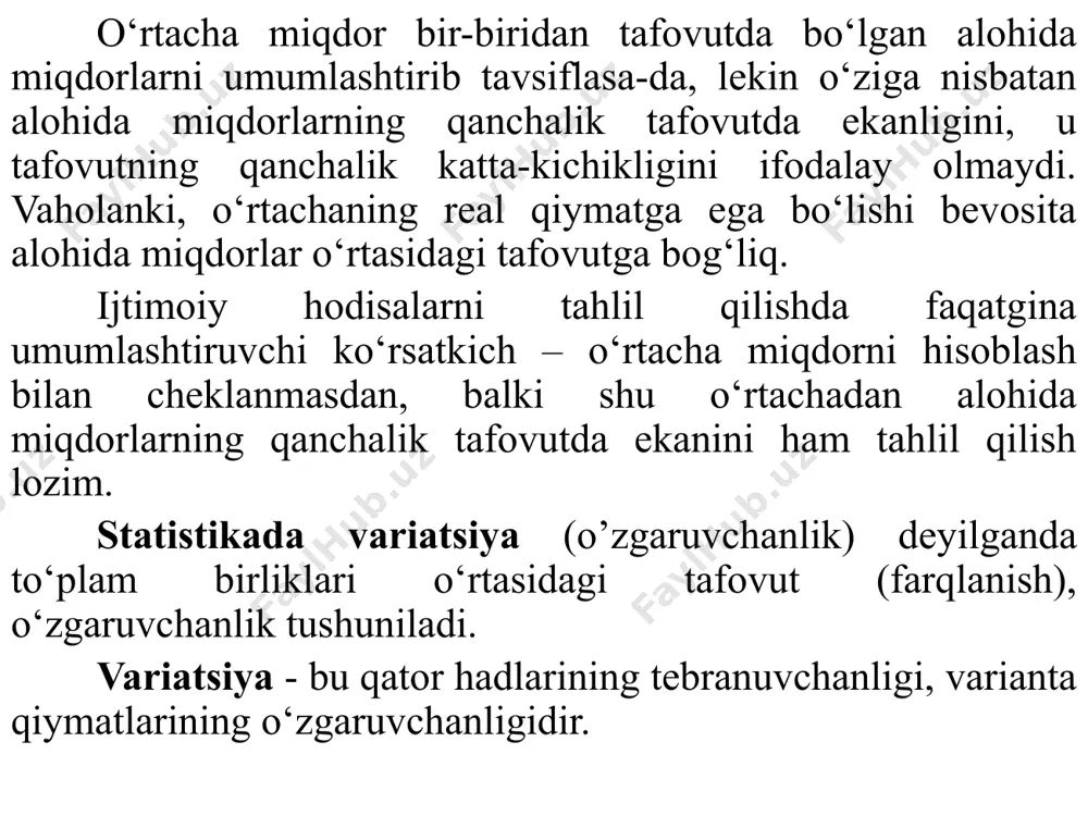 afovut variatsiya koeffitsiyenti 4 variatsion kenglik deyilganda belgining eng katta va eng kichik darajalari о‘rtasidagi farq tushuniladi. bu yerda: r - variatsion kenglik; xmax - belgining eng katta darajasi; xmin - belgining eng kichik darajasi. mazkur kо‘rsatkich ayrim kamchiliklarga ega: birinchidan, variatsion kenglik ikki chetki hadga asoslangan, ular esa tasodifiy bо‘lishi mumkin; ikkinchidan, hadlar о‘rtacha bilan taqqoslanmaydi. shu sababli bu kо‘rsatkichdan qatorning hadlari bir-biridan unchalik katta miqdorda farq qilmaydigan sharoitlarda foydalanish mumkin. 5 b-164-16 guruhida tahsil olayotgan 5 talabaning ish staji quyidagicha 2, 3, 4, 7 va 9 yilni tashkil etadi. bu yerda, variasion kenglik teng: v=9-2=7 yil bu belgining eng kichkina (xmin va atributning eng katta qiymati (xmax) o’rtasidagi tafovutni qanchalik katta ekanligini ko'rsatadi. masalan, aholining turli guruhlarining maksimal va minimal nafaqalari, turli toifadagi ishchilar daromadlari yoki tarif razryadlari o'rtasidagi farq, ma'lum bir mutaxassislik yoki malakaga ega bo'lgan ishchilar ish haqining farqi va boshqalar. kenglik variatsiyaning muxim xarakteri bo’lib, …