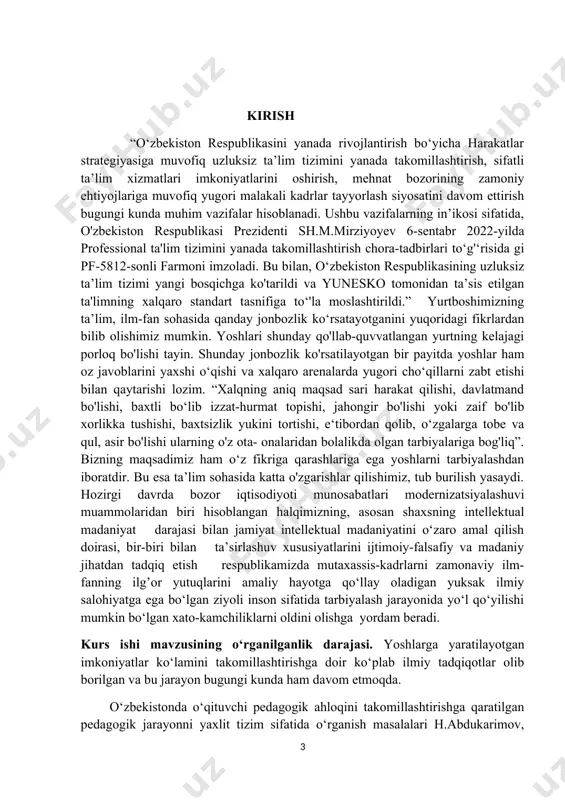 faolashtirish, pedagogik ahloqini rivojlantirish, kreativ ishlanmalarni yaratishga xizmat qiluvchi shaxsga yo‘naltirilgan erkin ta’lim muhitini tashkil etish v.a.slastenin, g.chijakova, i.ridanova, yu.kruglovalarning ilmiy tadqiqotlarida asoslangan. osiyo mamlakatlarida o‘qituvchi pedagogik ahloqini takomillashtirish masalalarini olimlar yili sun, saadi sami, sadih mahmudiy, sarhad aghaiy, yakup kochlar o‘z izlanishlarida tahlil qilganini e’tirof etish kerak. g‘arb davlatlarida o‘qituvchi pedagogik ahloqini takomillashtirish masalasi olimlar i.martin, a.vett, e.zadarko, j.yunger, z.barabas, d.braunlar tomonidan tadqiq etilgan. kurs ishining obyekti.yoshlarga oid qonun va qarorlarni o‘rganish jarayoni. kurs ishining predmeti: yoshlarga huquqiy majburiyatlari va yaratilgan imkoniyatlarini bilib olishlarini o‘rgatishning va rivojlantirishning samarali ilmiy-pedagogik asoslari, shakl, vosita va metodlaridan iborat. kurs ishining maqsadi va vazifalari. kurs ishining maqsadi konistitutsiyada va ta’lim to‘g‘risidagi qonunda yoshlarga yaratilgan imkoniyatlarni o‘rganib chiqish. kurs ishining vazifasi etib quyidagilar belgilandi: · qonunda yoshlarga yaratilgan imkoniyatlarni nazariy tadqiq etish; · yoshlarga yaratilayotgan imkoniyatlar va uning vazifalarini aniqlash; · imkoniyatlarni o‘rganish orqali yoshlarni kamol toptirish usullarini tahlil qilish; · o‘zbekiston respublikasi konistitutsiyasida …
