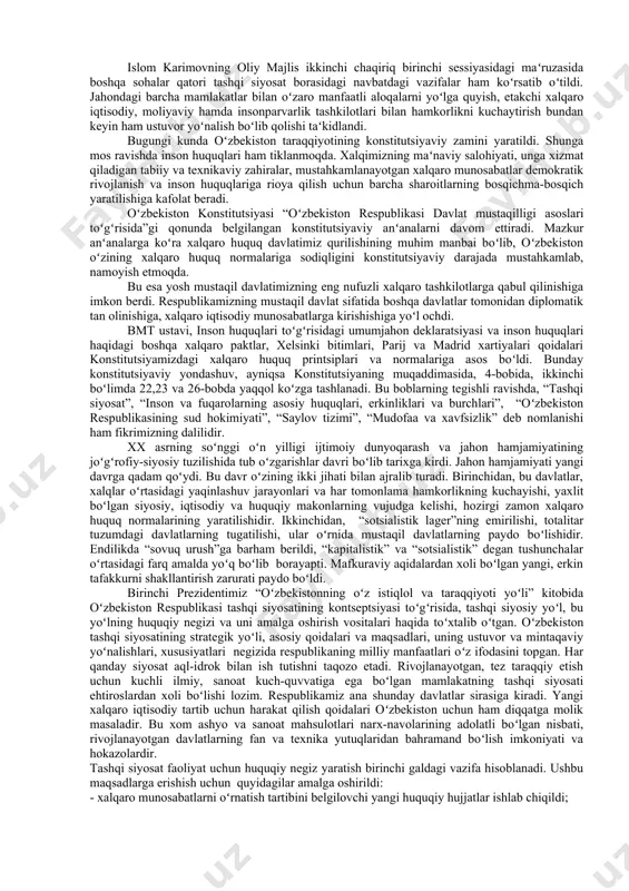 z chekka bir viloyat darajasiga tushirib qoʻyildi. sovetlar davrida esa chetga chiqarilgan bir-ikki diplomat hamda vazifasi oliy rutbali xorijliklarni mehmon qilishdan iborat boʻlgan tashqi ishlar vazirligidan boshqa hech narsa yoʻq edi. istiqlolning dastlabki yillaridanoq bevosita mamlakatimiz 1- prezidenti islom karimov rahbarligida tashqi siyosatning ustuvor yoʻnalishlari va asosiy tamoyillari belgilandi hamda ogʻishmay amalga oshirila boshlandi. oʻzbekiston respublikasi tashqi siyosatining asosiy tamoyillari quyidagilardan iborat: - mafkuraviy qarashlardan qatʻiy nazar, hamkorlik uchun ochiqlik, umuminsoniy qadriyatlarga, tinchlik va xavfsizlikni saqlashga sodiqlik; - davlatlarning suveren tengligi va chegaralar daxlsizligini hurmat qilish; - nizolarni tinch yoʻl bilan hal etish; - kuch ishlatmaslik va kuch bilan tahdid qilmaslik; - inson huquqlari va erkinliklarini hurmatlash; - ichki milliy qonunlar va huquqiy normalardan xalqaro huquqning umumeʻtirof etilgan qoidalari va normalarining ustuvorligi; - tajovuzkor harbiy bloklar va uyushmalarga kirmaslik; - davlatlararo aloqalarda teng huquqlilik va oʻzaro manfaatdorlik ustunligi; - tashqi aloqalarni ham ikki tomonlama, ham koʻp tomonlama kelishuvlar asosida rivojlantirish, …
