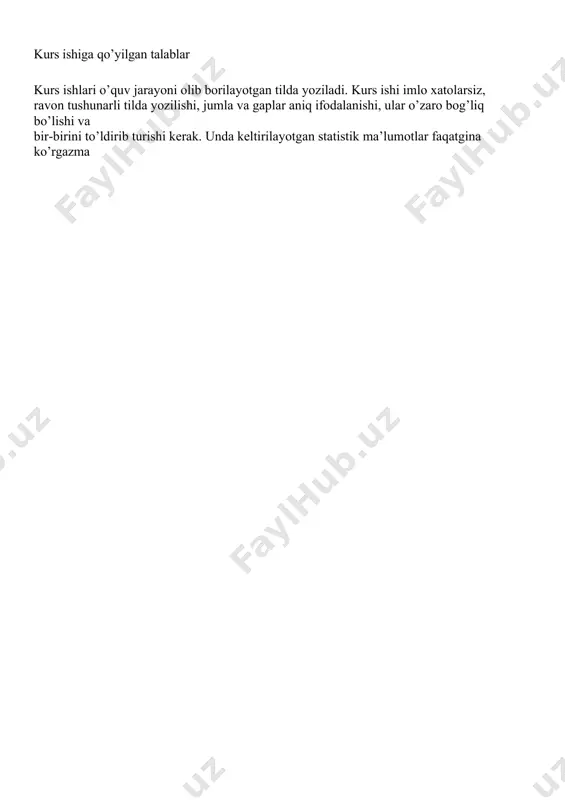 yozish jarayonida foydalanilgan adabiyot va ilmiy manbalar soni mavzuni ochib beradigan darajada bo’lishi zarur. ilmiy-nazariy adabiyotlardan foydalanish kurs ishini sifatli bajarishning muhim shartlaridan biri tanlab olingan mavzu bo’yicha mavjud maxsus adabiyotlarni chuqur o’rganish hisoblanadi. bunda ko’rib chiqilayotgan savollarga tegishli rasmiy ma’lumotlarni, ilmiy asarlarni, darsliklarni, ilmiy maqolalar to’plamlarini, gazeta maqolalarini, ilmiy anjumanlar materiallarini, statistik ma’lumotlarni o’rganib chiqish zarur. adabiyotlarni o’rganish jarayonida asosiy e’tiborni birinchi navbatda maqola yoki kitobning kurs ishi bilan to’g’ridan-to’g’ri bog’liq bo’lgan qismlariga, ya’ni bob va paragraflarga qaratish kerak. shu bilan birga kurs ishini yozish jarayonida zarur savollarni tushirib qoldirmaslik maqsadida har bir o’rganilayotgan adabiyotni boshidan oxirigacha ko’z yugurtirib chiqish lozim. adabiyotlarni o’qish va o’rganish jarayonida kurs ishi bilan bog’liq bo’lgan savollardan parcha ko’chirib olish zarur. har bir parchada uning manbasi va manbadagi sahifasi ko’rsatilishi kerak. adabiyotlar bilan tanishish jarayonida muallif o’z xulosalarini isbotlash uchun foydalangan tahlilning texnik usullarini, ya’ni jadvallar, shakllar, statistik ma’lumotlarni guruhlarga bo’lish va boshqalarni yozib …
