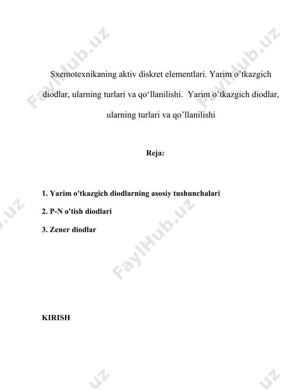 tida keng qo'llaniladi. ushbu yarim o'tkazgich qurilmalari elektr signallarini nazorat qilish, kuchaytirish va o'zgartirish maqsadida ishlatiladi. diodlar asosan ikki turdagi materiallardan, ya’ni p turi va n turidagi yarim o'tkazgich materiallardan iborat bo'lib, ularning o'zaro bog'lanishi pn o‘tish hosil qiladi. diodlar o'z vazifalarini bajarishi uchun asosiy element va tamoyillar shular hisoblanadi: pn o'tish, asimetrik o'tkazuvchanlik, va o'ziga xos kuchlanish xususiyatlari. pn o'tish - bu p turi va n turi materiallar orasida o'tish nuqtasi. p turi yarim o'tkazgich ortiqcha teshiklarga ega bo'lib, bu esa musbat zaryad tashuvchilar sifatida harakat qiladi. n turi esa erkin elektronlarga ega va manfiy zaryad tashuvchilar sifatida harakat qiladi. bu materiallar orasidagi o‘tish hududida zaryad tashuvchilar diffuziyasi natijasida o‘z-o‘zidan hosil bo‘lgan elektr maydon hosil bo‘ladi. bu zonaya depletion zone (yoki barriers layer) deyiladi. diodning asimetrik o'tkazuvchanligi shuni anglatadiki, diod bir yo'nalishda elektr tokini o'tkazadi, boshqa yo'nalishda esa deyarli o'tkazmaydi. to'g'ri yo'nalish (forward bias) holatida p qatlami ijobiy, n …