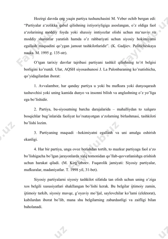 ak, siyosiy partiya jamiyatning bir bo’lagi bo’lib, u muayyan maqsad, guruh yoki qatlamning maqsad va manfaatlarini ifoda etgan holda, uni umumdavlat va umummillat manfaatlari, maqsadlar va vazifalar bilan uyg’unlashtirilgan holda faoliyat ko’rsatadigan, rivojlanishning siyosiy yo’nalishlarini aniqlab beradigan siyosiy tashkilotdir. ba‘zan, siyosiy partiyaning o’zi kerakmikan, degan mazmundagi savollarni ham eshitishga to’g’ri keladi; bunga javobimiz qo’yidagicha: siyosiy partiyalar jamiyatda bekorchilikdan emas, balki hayotiy zaruratdan kelib chiqqan. ular, amalda, inson jamiyatida siyosiy hokimiyat, degan narsa kelib chiqqandan beri mavjuddir. siyosiy hokimiyat, mohiyatan, jamiyatni boshqarib turish ehtiyoji, zarurati bois paydo bo’lgan. garchi siyosiy partiya, deb atalmagan bo’lsalar ham, ammo o’z paytida, shohlarga ham ta‘sir ko’rsatish kuchiga ega bo’lgan shaxslar, guruhlar, amalda, xuddi mana shu “partiyaviy” vazifalarni o’tab kelganlar. jamiyat rivojida demokratik tartibotlarning vujudga kelishi tom ma‘nodagi siyosiy partiyalarning paydo bo’lishiga olib keldi. butun jahon ma‘rifat taraqqiyotining, kishilar tomonidan, adolat uchun kurash yo’lida uyushib harakat qilish borasidagi erishgan yutug’i-siyosiy partiyalar amaliyotidir. siyosiy partiya-shuning uchun ham …