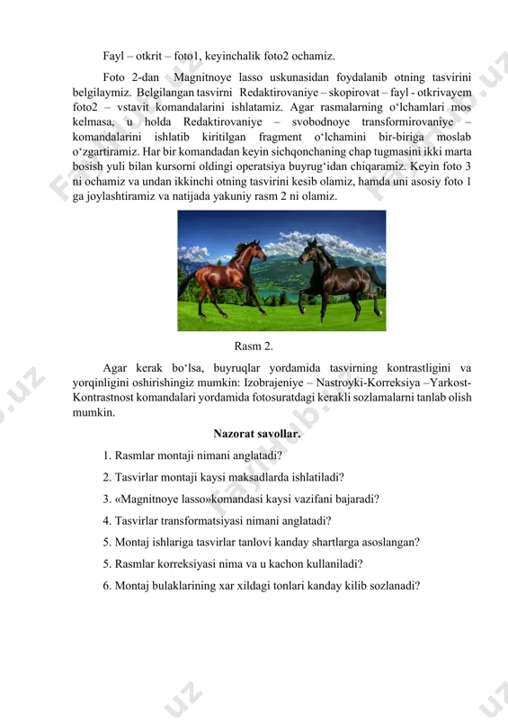 komandalarini ishlatamiz. agar rasmalarning o‘lchamlari mos kelmasa, u holda redaktirovaniye – svobodnoye transformirovaniye – komandalarini ishlatib kiritilgan fragment o‘lchamini bir-biriga moslab o‘zgartiramiz. har bir komandadan keyin sichqonchaning chap tugmasini ikki marta bosish yuli bilan kursorni oldingi operatsiya buyrug‘idan chiqaramiz. keyin foto 3 ni ochamiz va undan ikkinchi otning tasvirini kesib olamiz, hamda uni asosiy foto 1 ga joylashtiramiz va natijada yakuniy rasm 2 ni olamiz. rasm 2. agar kerak bo‘lsa, buyruqlar yordamida tasvirning kontrastligini va yorqinligini oshirishingiz mumkin: izobrajeniye – nastroyki-korreksiya –yarkost-kontrastnost komandalari yordamida fotosuratdagi kerakli sozlamalarni tanlab olish mumkin. nazorat savollar. 1. rasmlar montaji nimani anglatadi? 2. tasvirlar montaji kaysi maksadlarda ishlatiladi? 3. «magnitnoye lasso»komandasi kaysi vazifani bajaradi? 4. tasvirlar transformatsiyasi nimani anglatadi? 5. montaj ishlariga tasvirlar tanlovi kanday shartlarga asoslangan? 5. rasmlar korreksiyasi nima va u kachon kullaniladi? 6. montaj bulaklarining xar xildagi tonlari kanday kilib sozlanadi? image1.png image2.png image3.png image4.png