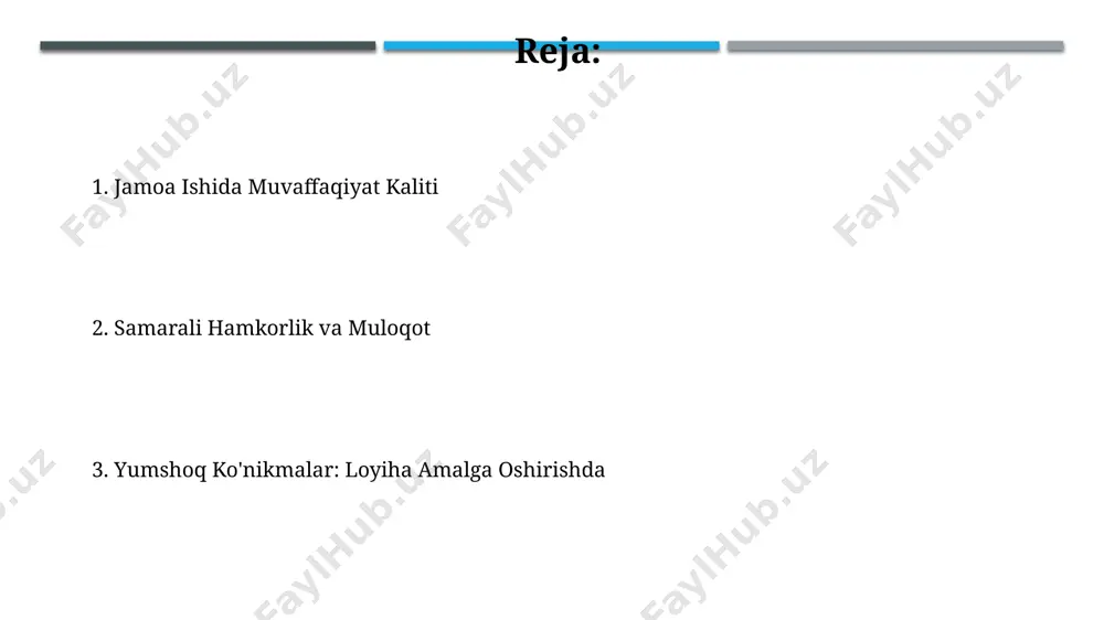 atolik chegarasini kamaytirib, vaqtni tejashga va resurslarni samarali sarflashga yordam beradi. mas'uliyatni o'z zimmasiga olish, jamoada 30% ga yaqin samaradorlikni oshiradi, chunki ishonchli jamoa a'zolari loyihalarni 2 barobar tezroq bajaradi. jamoa ishi: muvaffaqiyat kaliti jamoa ishi samaradorligini 30% ga oshirishda muhim ko'nikmalar, masalan, faol tinglash va konstruktiv tanqid, muhim rol o'ynaydi. bu esa loyihani muddatidan oldin va byudjet doirasida yakunlash imkonini beradi. loyiha muvaffaqiyatsizligiga olib kelishi mumkin bo'lgan 7 ta omilning 4 tasi samarali jamoa ishi va muloqotning yo'qligidan kelib chiqadi, shuning uchun jamoaviy ish soft skillslarini rivojlantirish muhim. yumshoq ko'nikmalar: loyiha amalga oshirishda muhim ahamiyati yumshoq ko'nikmalar, xususan, muloqot va hamkorlik, loyiha muvaffaqiyatining 70% gacha ta'sir qiladi, chunki samarali jamoa ishi muammolarni tezroq hal qilishga va o'z vaqtida yakunlashga yordam beradi. yumshoq ko'nikmalarni o'rgatish va rivojlantirishga 10% qo'shimcha investitsiyalar, loyiha xarajatlarining 25% gacha tejalishiga olib kelishi mumkin, bu esa roi (return on investment) ni sezilarli darajada oshiradi. muloqot ko'nikmalari: …