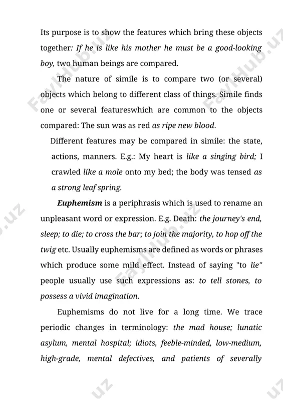 unatic asylum, mental hospital; idiots, feeble-minded, low-medium, high-grade, mental defectives, and patients of severally subnormal personality; insane; persons of unsound mind, mentally ill patients. we distinguish the following groups of euphemisms: religious, moral, medical, political etc. activity 3. classify the following into traditional and original similes. 1) the grin made his large teeth resemble a dazzling miniature piano keyboard in the green light. (j.jones) 2) i left her laughing. the sound was like a hen having hiccups. (r.chandler) 3) she was obstinate as a mule, always had been, from a child. (j.galsworthy) 4) “funny how ideas come,” he said afterwards, “like a flash of lightening.” (s.maugham) 5) she has always been as live as a bird. (r.chandler) 6) you could have knocked me down with a feather when he said all those things to me. i felt just like balaam when his ass broke into light conversation. (s.maugham) 7) he …