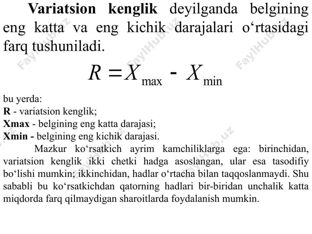 bilan o’rtacha ish haqi o’rtasidagi o’rtacha mutloq tafovut aniqlanadi va olingan natijalar yig’indisi ishchilar soniga bo’linadi: o’rtasidagi tafovut kvadratga ko’tariladi, ularning yig’indisi ishchilar soniga bo’linadi, ya’ni dispersiya aniqlanadi: kvadrat ildizdan chiqarilib, o’rtacha kvadratik tafovut aniqlanadi: chiqqan natijadan o’rtacha kvadratik tafovut bilan o’rtacha miqdorning nisbati, ya’ni variasiya koeffisienti aniqlanadi: demak, birinchi xo’jalikda o’rtacha kvadratik tafovut o’rtacha arifmetik miqdorning atigi 34,5 %ni, ikkinchi brigadada esa 123,8 %ni tashkil qilar ekan. demak olmachilikka nisbatan anorchilik xo’jaligida o’zgaruvchanlik 3-4 baravar yuqori, ya’ni variasiya kuchli ekan. ma’lumki, tо‘plam birliklari о‘rtasidagi tafovut bir qancha omillar о‘zgarishiga bog‘liq. bu omillar ta’sirini biz statistikaning boshqa usullari yordamida о‘rganishimiz mumkin. ulardan biri guruhlash usulidir. guruhlash usuli yordamida tо‘plam birliklarini ma’lum bir belgi bо‘yicha turdosh guruhchalar yoki bо‘laklarga ajratamiz. bu bilan birliklarning chetlanishiga ta’sir qiluvchi omillar uch guruhga: umumiy, guruhlararo va guruh ichidagi omillarga ajraladi. endi tebranishning uch kо‘rsatkichini aniqlash zarur bо‘ladi: umumiy dispersiya, guruhlararo dispersiya va guruhlar ichidagi dispersiya. …