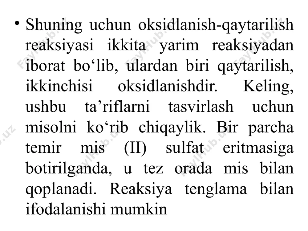isoldir. boshqa oksidlovchilar bo‘lmasa, u oksidlovchi vosita sifatida ishlaydi: masalan, yodid ionlarini oksidlaydi: h2o2(aq)+2h+(aq)+2e-→2h2o(l) h2o2(aq)+2h+(aq)+2i-(aq)→2h2o(l)+i2(s) biroq, kuchli oksidlovchi mavjud bo‘lganda, u qaytaruvchi vosita sifatida ishlaydi: h2o2(aq)→o2(g)+2h+(aq)+2e- masalan, quyidagi reaksiyada permanganat ionlarini qaytaradi: 5h2o2(aq)+2mno4- (aq)+6h+(aq)→5o2(g)+2mn2+(aq)+8h2o(l) image1.png image2.png image3.png image4.png image5.png image6.png image7.png image8.png image9.png image10.png image11.png image12.png image13.png image14.png image15.png image16.png image17.png image18.png image19.png image20.png image21.png image22.png image23.png image24.png image25.png /docprops/thumbnail.jpeg