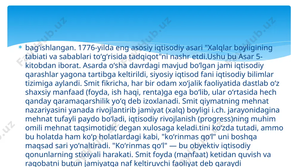 mutlaq holda ko‘rsa- tayotganliklarini tanqid qilib, voqelikni haqqoniy tadqiq qilish maqsadga muvofiq deb hisoblaydilar yangi davr talablarini f.list va keyinchalik tarixiy maktab vakillari hal etishga harakat qildilar. f.list o‘z qarashlari bilan nafaqat iqtisodiy nazariyani rivojlantirishga intildi, balki endi rivojlanayotgan davlatning iqtisodiiy siyosatini tubdan o‘zgartirishga harakat qildi. uning milliy xo'jalik tizimi ilg'or nemis buijuaziyasi manfaatlarini ifoda etib, indus­trial rivojlanish yo'llaiini izladi. tarixiy maktab vakillari tarixdan bo‘lak yana nima milliy bo'lishi mumkin, degan fikrlarga asoslanib, siyosiy iqtisodda tarixiy usul o‘mini ko‘rsatishga harakat qildilar. ular milliy fan sifatida siyosiy iqtisod orqali tabiiy xususiyatlarga va xalq harakatlariga bog'liq holda rivojlanadigan milliy xo‘jalikni o'rganishni o‘z oldilariga maqsad qilib qo‘ydilar. fridrix list (1789-1846) janubiy germaniyaning reydlingen shahrida boy hunarmand oilasida tug'iidi. list 1819-yilda germaniya iqtisodiy birligini ta’minlash maqsadida «savdo-sanoat ittifoqi»x\\ tuzdi. 1825-yilda germaniyani tark etib, aqshga doimiy yashash uchun ketdi. 1832-yildan f.list yevropaga qaytib, aqshning leypsigdagi elchisi bo'lib ishladi. u o'zining bor kuchini, idroki va iqtidorini …