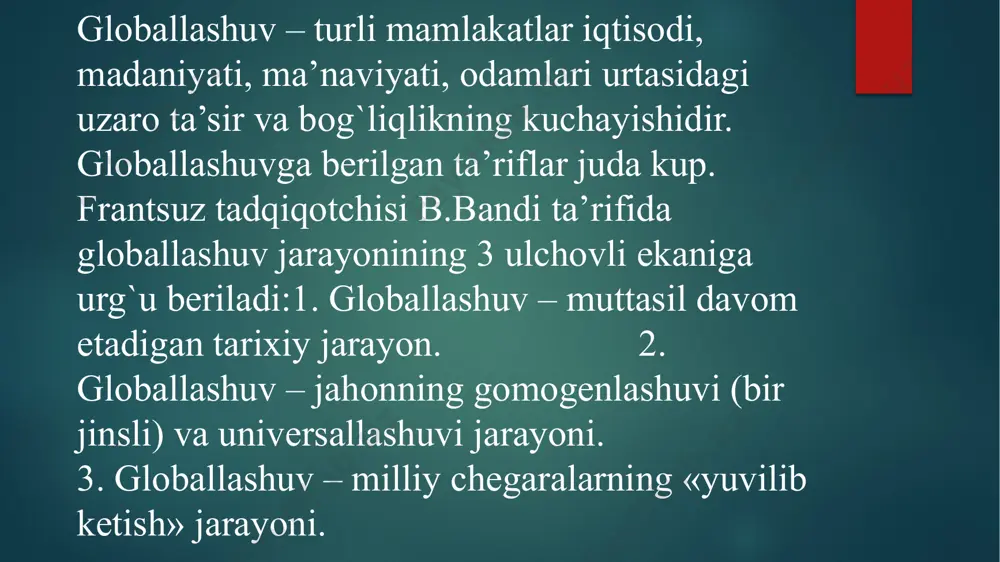 atlar urtasidagi uzaro munosabatlarda vujudga kеlgan qarashlar va ularning mеxanizmlarini chuqur uylab kurishni, balki kup jihatdan qayta baholashni ham talab qiladi. «sovuq urush» davrida xalqaro munosabatlarga asos bulgan kup qoidalar, tamoyillar va g`oyalarni tubdan qayta kurib chiqish talab qilinmoqda. globallashuv ko'pincha amerizatsiya bilan tenglashtiriladi. bu 20-asrning ikkinchi yarmida qo'shma shtatlarning dunyoga ta'sirining kuchayishi bilan bog'liq. gollivud filmlarning aksariyatini dunyo bo'ylab tarqatish uchun chiqaradi. qo'shma shtatlarda jahon korporatsiyalari kelib chiqadi: microsoft, intel, amd, coca-cola, procter & gamble, pepsi va boshqalar. mcdonald's, dunyoda keng tarqalganligi sababli, globallashuvning o'ziga xos belgisiga aylandi. image6.jpg image7.jpg image8.jpeg image9.jpeg image10.jpeg image11.jpeg image12.jpeg image13.jpeg image14.jpeg image15.jpeg image16.jpeg image17.jpg image18.jpg image2.png image3.png image4.png image5.png