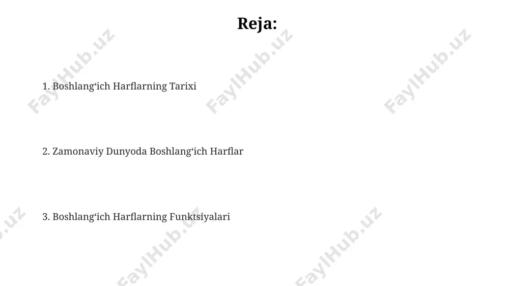 zual identifikatsiyaning muhim elementi sifatida qoʻllanilib, oʻrtacha 80% dan ortiq mijozlarning eʼtiborini tortadi. boshlangʻich harflarning stilistik ishlatilishi boshlangʻich harflarning turli xil shriftlar bilan (masalan, 1-3 ta turli shrift kombinatsiyasi) birgalikda qoʻllanilishi matnga dinamiklik va ifoda bagʻishlaydi, ammo bu yondashuvni haddan tashqari oshirib yubormaslik kerak. tekstda 3 tadan ortiq boshlangʻich harflarning katta hajmdagi ishlatilishi vizual tartibsizlikni keltirib chiqarishi mumkin, shuning uchun ularni ehtiyotkorlik bilan, faqat kerakli joylarda qoʻllash muhim. boshlangʻich harflarning kattalashtirilgan va bezatilgan koʻrinishi (masalan, 20-30 ball hajmi va serifli shriftlar) matnning muhim qismlarini ta'kidlashda, sarlavhalar va kichik sarlavhalarda samarali qoʻllaniladi. oʻzbek alifbosidagi boshlangʻich harflar boshlangʻich harflarning tartibi lugʻat tuzishda va matnlarni alifbo boʻyicha saralashda muhim rol oʻynaydi, bu esa 32 ta harfning aniq ketma-ketligini taqozo etadi. oʻzbek alifbosining boshlangʻich harflari fonetik jihatdan turlicha boʻlib, ularning talaffuzi va yozilishi baʼzi hollarda farq qilishi mumkin, masalan, “oʻ” va “o” harflari. oʻzbek alifbosidagi 32 ta harfdan 12 tasi undosh tovushlar bilan boshlanadi, …