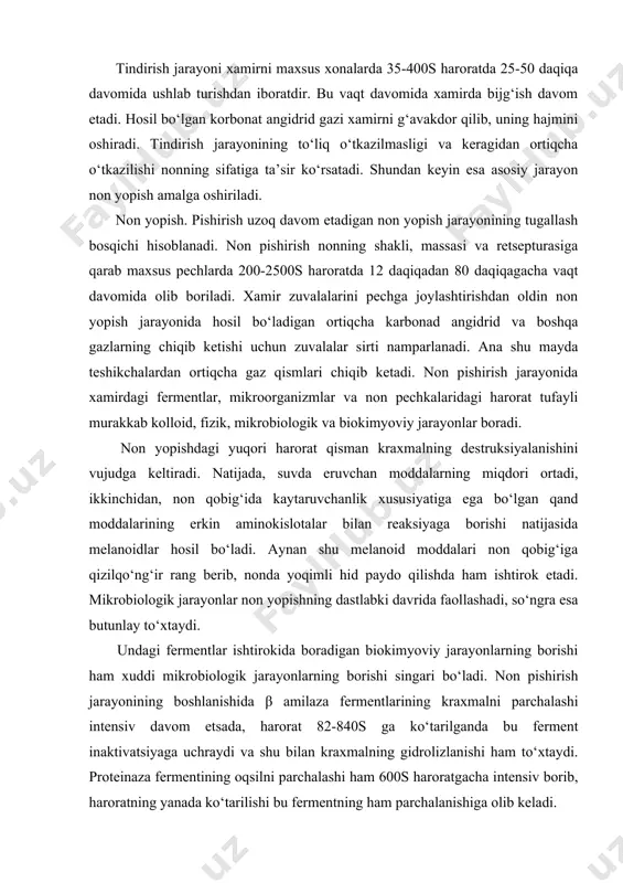 ng‘ir rang berib, nonda yoqimli hid paydo qilishda ham ishtirok etadi. mikrobiologik jarayonlar non yopishning dastlabki davrida faollashadi, so‘ngra esa butunlay to‘xtaydi. undagi fermentlar ishtirokida boradigan biokimyoviy jarayonlarning borishi ham xuddi mikrobiologik jarayonlarning borishi singari bo‘ladi. non pishirish jarayonining boshlanishida β amilaza fermentlarining kraxmalni parchalashi intensiv davom etsada, harorat 82-840s ga ko‘tarilganda bu ferment inaktivatsiyaga uchraydi va shu bilan kraxmalning gidrolizlanishi ham to‘xtaydi. proteinaza fermentining oqsilni parchalashi ham 600s haroratgacha intensiv borib, haroratning yanada ko‘tarilishi bu fermentning ham parchalanishiga olib keladi. non pishirish jarayonida nonga yoqimli ta’m va xushbo‘ylik beruvchi moddalarning hosil bo‘lishi poyoniga yetadi. ma’lumki, har qanday oziq-ovqat mahsuloti uchun ta’mi va hidi ozuqaviy qiymatini belgilovchi asosiy ko‘rsatkichlardan hisoblanadi. non iste’mol qilganda nonning inson me’dasiga urmasligi aynan ta’m va xushbo‘ylik beruvchvi moddalar kompleksi bilan izohlanadi. nonga ta’m va xushbo‘ylik beruvchi moddalarni chuqur tadqiq etish moddalarni aniqlashning xromotografiya va spektrofotometriya usullarining rivojlanishi asosidagina mumkin bo‘ladi. bugungi kunda nonda har xil …