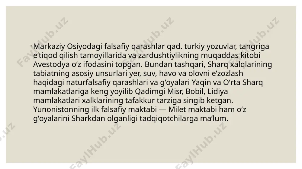 g bi "chjou i chju" (chjou o'zgarishlariga sharh) va " laozi chju" ( laozi haqida sharh ) muallifidir . “chjou i”ning mazmuni van bi tomonidan vaqtinchalik jarayonlar va o‘zgarishlar nazariyasi sifatida talqin qilingan. g'arbiy jin pey vey (267-300) shtatidagi faylasuf va olim, chun yu lun (mavjudlikni hurmat qilish to'g'risida nutq) insho muallifi "yo'qlik qadri" g'oyasiga faol qarshi chiqdi. gui wu) vang bi tomonidan ishlab chiqilgan yangming (1472-1529), daosizm va konfutsiylik o'rtasida vositachilik qilgan. keyinchalik o'qituvchi yan yuan (xviii asr) paydo bo'ladi . 17-asrning yirik mutafakkiri konfutsiy faylasufi van chuanshan (1619-1692) boʻlib, uning naturfalsafiy konstruksiyalari chjan zayning (1020-1078) “buyuk boʻshliq” (tay xu) haqidagi taʼlimotiga asoslanadi. neokonfutsiylik asoschilari. 17-asrda tabiat toʻgʻrisidagi taʼlimotning (pu xue) asoschisi olim-entsiklopedist (filolog, tarixchi, geograf, iqtisodchi, astronom) gu yanvu (1613-1682) faoliyati oʻziga xos empirik- konkret yoʻnalish. , ham sodir bo'ladi. 18-asr faylasufi va olimi dai zhen (1723-1777) ham ushbu oqimning eng yirik vakili edi. falsafa falsafa umumiy mavzular …