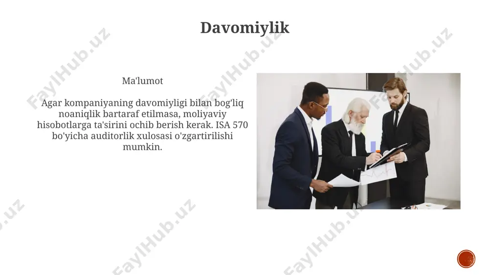 talablari va mustaqillik audit xulosasi xulosa audit xulosasida auditor fikrining asosini tashkil etuvchi muhim jihatlar, shu jumladan, audit davomida aniqlangan 1 yoki undan ortiq muhim noto'g'ri ma'lumotlar aniq ko'rsatiladi. audit dalillari agar auditorlik dalillari yetarli bo'lmasa, mas 330 "auditorning javobi baholangan xatarlarga" standarti qo'shimcha auditorlik protseduralarini talab qiladi. auditorlik dalillari 95% ishonch darajasini ta'minlashi kerak. auditorlik dalillari muhimlik muhimlik haqida ma'lumotlar muhimlik bu auditor hisobotida xato yoki o'tkazib yuborish, agar ular 10 foizdan ortiq aktivlarga ta'sir qilsa, qarorlar qabul qilishda foydalanuvchilarning fikrini o'zgartirishi mumkin bo'lgan tushunchadir. maxsus masalalar bo'yicha hisobotlar maxsus masalalar bo'yicha hisobotlar 810-sonli xal standarti asosida jamlangan moliyaviy hisobotlar bo'yicha hisobotlar yillik moliyaviy hisobotning soddalashtirilgan shaklini taqdim etadi. auditorlar jamlangan moliyaviy hisobotlar 31-dekabrdagi holatga ko'ra adolatli taqdim etilishini aniqlaydi. e'tiboringiz uchun rahmat @taqdimot_robot image4.jpg image5.jpg image6.jpg image7.jpg image8.jpg image9.jpg image10.jpg image11.jpg image12.jpg image13.jpg image14.jpg image15.jpg image16.jpg image17.jpg image18.jpg image19.jpg image20.jpg image1.png image2.png image3.png