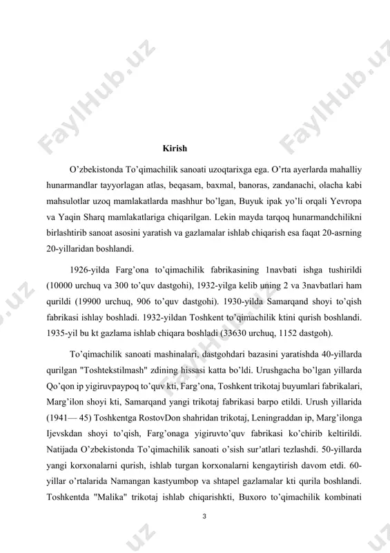 biy koreyaning "kabul tekstaylz" kompaniyasi kiritgan investitsiya 186 mln., turkiyaning "timi", "tipash" kompaniyasi 75 mln. (namangandagi "kosonsoy— tikmen" kostyumbop va paltobop gazlamalar, jun choyshab va qo’lda to’qiladigan gilamlar uchun yigirilgan ip), "bursel" firmasi 52,9 mln. (chinoz to’qimachilik kti), "astop" firmasi 40,3 mln ("asnamtekstil"), yaponiyaning "marubeni" firmasi 60 mln. ("silk road", namangan) aqsh dollaridan iborat bo’ldi. o’zbekiston to’qimachilik sanoatida eksportbop mahsulotlar ishlab chiqarish qajmi tobora o’sib bormoqda. o’zbekiston to’qimachilik sanoatida 2003-yilda 453,3 mln. m2 gazlama, shu jumladan, 415,2 mln.m2 ip gazlama, 167 mln. juft paypoq, 28,6 mln. dona trikotaj mahsulotlari ishlab chiqarildi. to’qima haqida ma’lumot. to’quv dastgohi turini tanlash mitkal matolarining bir tom oniga sidirg‘a yelim qoplamasi qo‘yib 10—12 mm. li jiyaklar tarzida qirqilgan holda palto va kostumlarning bortlarida zig‘irtolali xoshiya jiyagi o‘rniga ishlatiladi. mitkal mato rossiyaga 17-asrda angliyadan olib kelingan. bu vaqtga kelib u evropa mamlakatlarida keng tanilgan edi. faqat keyingi asrda ular rossiya zavodlarida material ishlab chiqarishni boshladilar. moskvada …