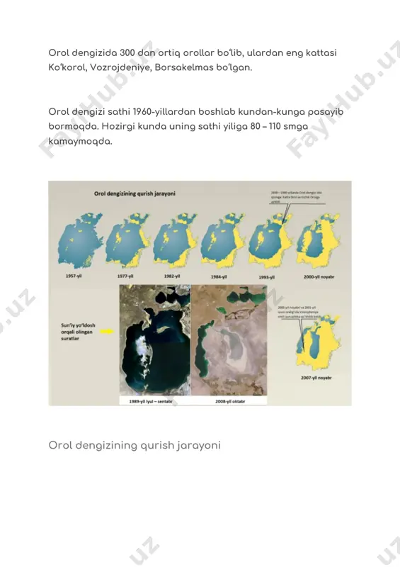 nalar va bolalar o‘limi darajasi oshdi. muammoga chek qo‘yiladimi? muammoga turlicha yechimlar taklif qilingan. shulardan biri 2003—2005-yillarda qozog‘iston tomonidan amalga oshirilgan. kichik va katta orolni ajratib turuvchi damba qurilib, endi sirdaryodan oqib kelayotgan suv kichik orolda to‘plana boshladi. suv sathi oshib, sho‘rlik kamaydi. biroq bu orolning janubiy qismi zarariga bo‘lmoqda. kichik va katta orolni ajratib turuvchi damba qurilib, endi sirdaryodan oqib kelayotgan suv kichik orolda to‘plana boshladi. foto: silkroadadventures.info ayni paytda orol masalasi global muammo sifatida butun dunyo olimlari tomonidan o‘rganilmoqda. 2013-yilning iyun oyida rossiya fanlar akademiyasi okeanologiya instituti direktor o‘rinbosari pyotr zavyalov orol dengizi ahvolining barqarorlasha boshlagani, qurish jarayoni esa sekinlashgani haqida ma’ruza o‘qidi. tadqiqotlardan ma’lum bo‘lishicha, suvning yuzasi kichrayib ketgani uchun, bug‘lanish ham o‘z-o‘zidan kamaygan. nima bo‘lganda ham orolimiz muammosi hal bo‘lishini tilab qolamiz. image1.jpg image3.png image2.jpg image4.jpg